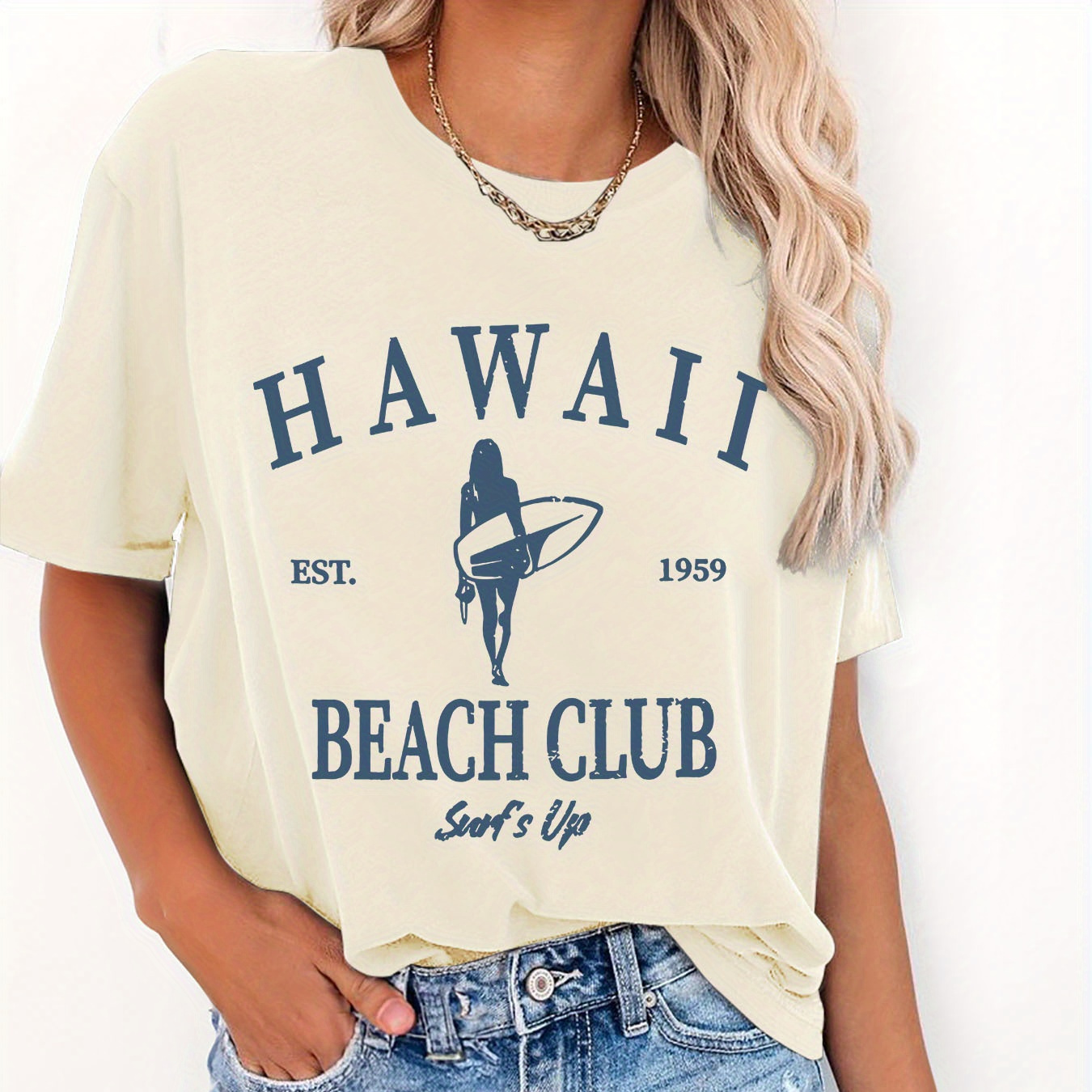 

Hawaii Print T-shirt, Short Sleeve Crew Neck Casual Top For Summer & Spring, Women's Clothing