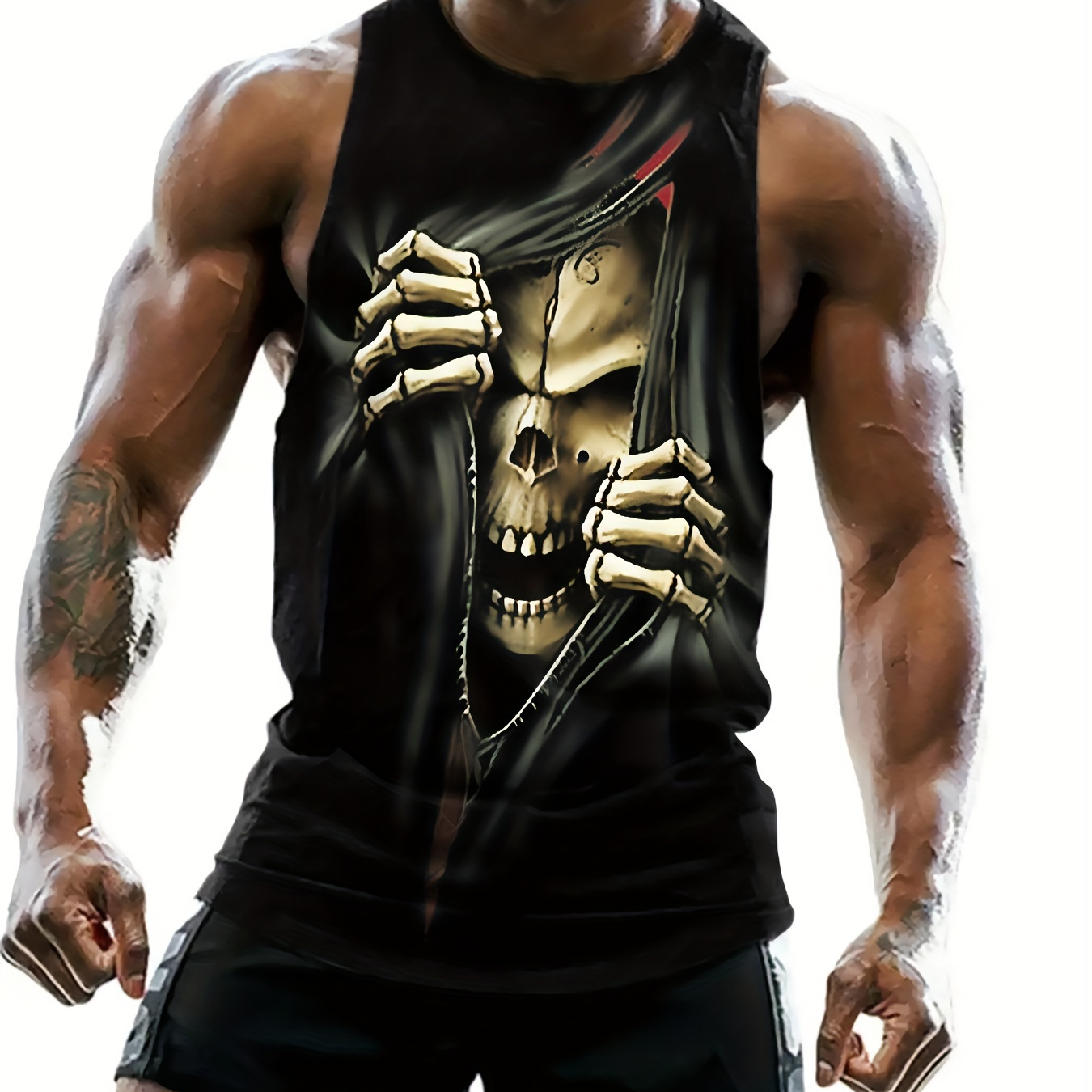 Stylish Skull Pattern Print Men's Casual Tank Top Bottoming Fitness Training Sports Vest Sleeveless T-shirt For Summer