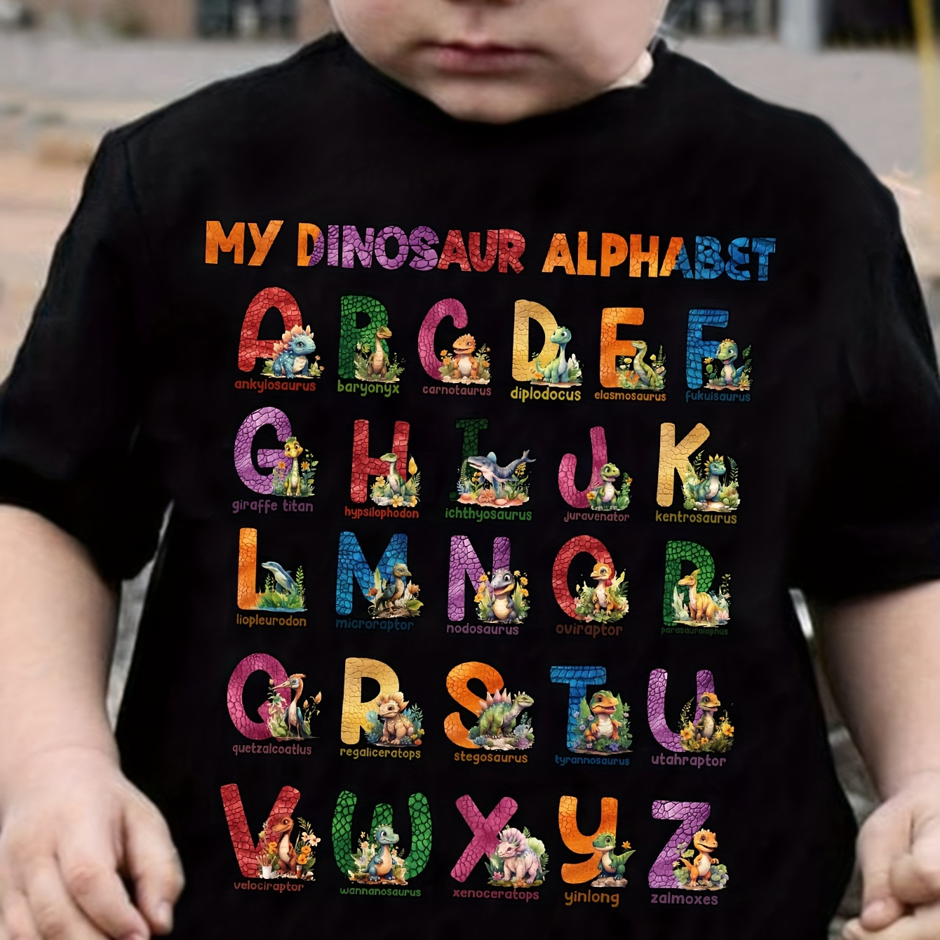 

Boys Dinosaur Alphabet T-shirt, Colorful Letter Print, Cartoon Graphic, Casual Summer Tee