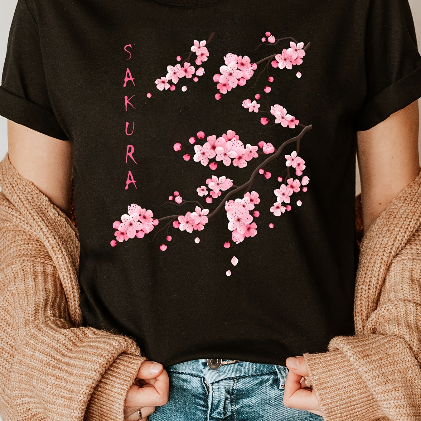 

Sakura Print Crew Neck T-shirt, Short Sleeve Casual Top For Summer & Spring, Women's Clothing