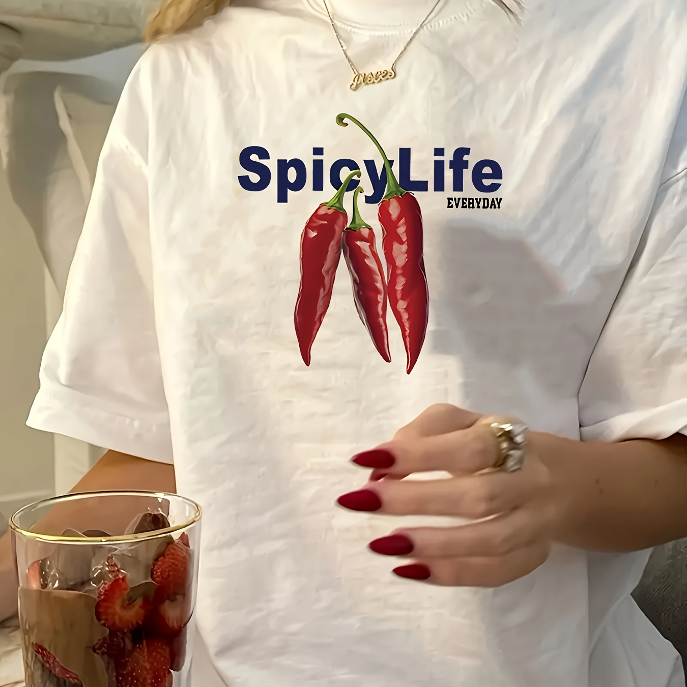 

Chilli Neck T-shirt, Casual Short Sleeve Top For , Women's Clothing