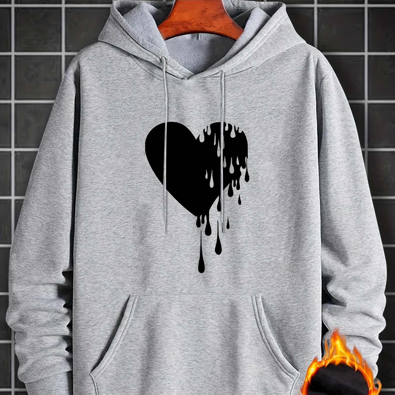 

melt Heart" Graphic Print Men's Casual Hoodies, Drawstring Comfortable Oversized Hooded Pullover Sweatshirt Plus Size