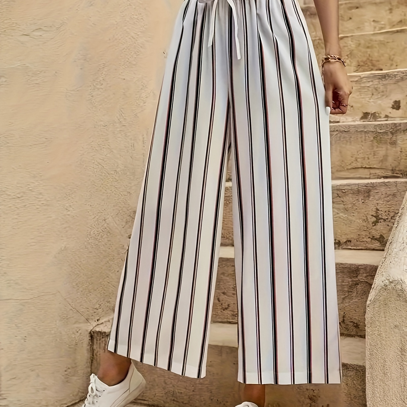 

Women's Casual Wide-leg Pants With Striped Print, Stretchy Fabric, Elastic Waistband, Drawstring Design