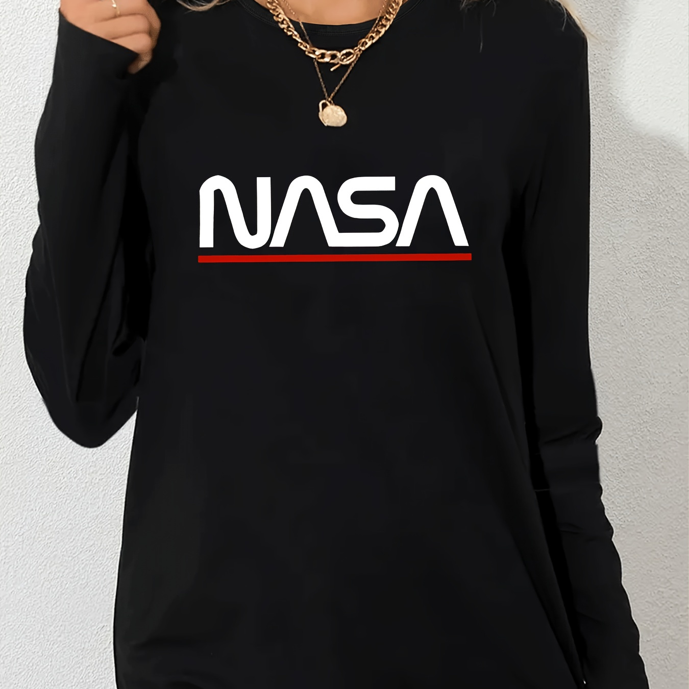 

1pc Women's Long Sleeve Casual Sports T-shirt With Nasa Print - Polyester Blend (95% Polyester, 5% Spandex), Crew Neck, Slight Stretch Knit Fabric, Alphabet Pattern, For All Seasons