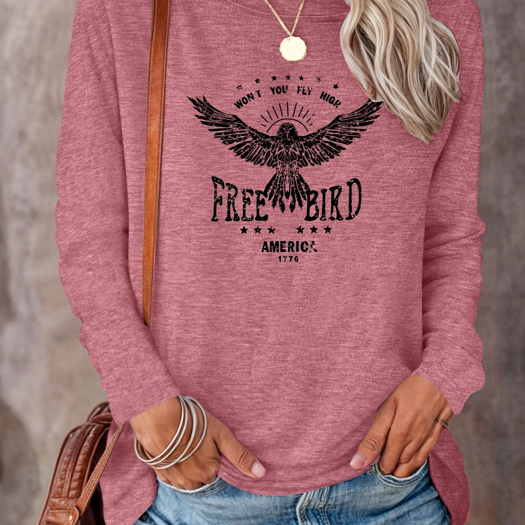 

Eagle Print T-shirt, Long Sleeve Crew Neck Casual Top For Spring & Fall, Women's Clothing