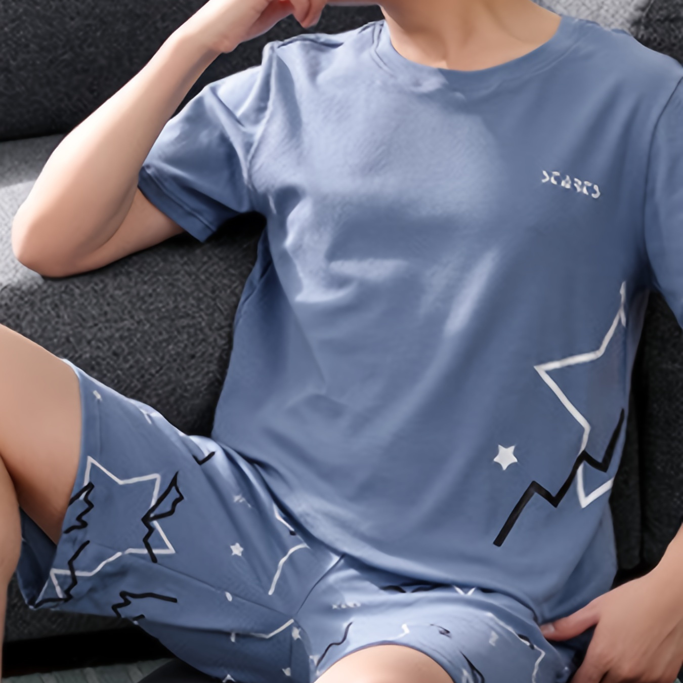

Men's Trendy Casual Comfy Tees & Shorts, Star Graphic Print Crew Neck Short Sleeve T-shirt & Loose Shorts Home Pajamas Sets, Outdoor Sets For Summer