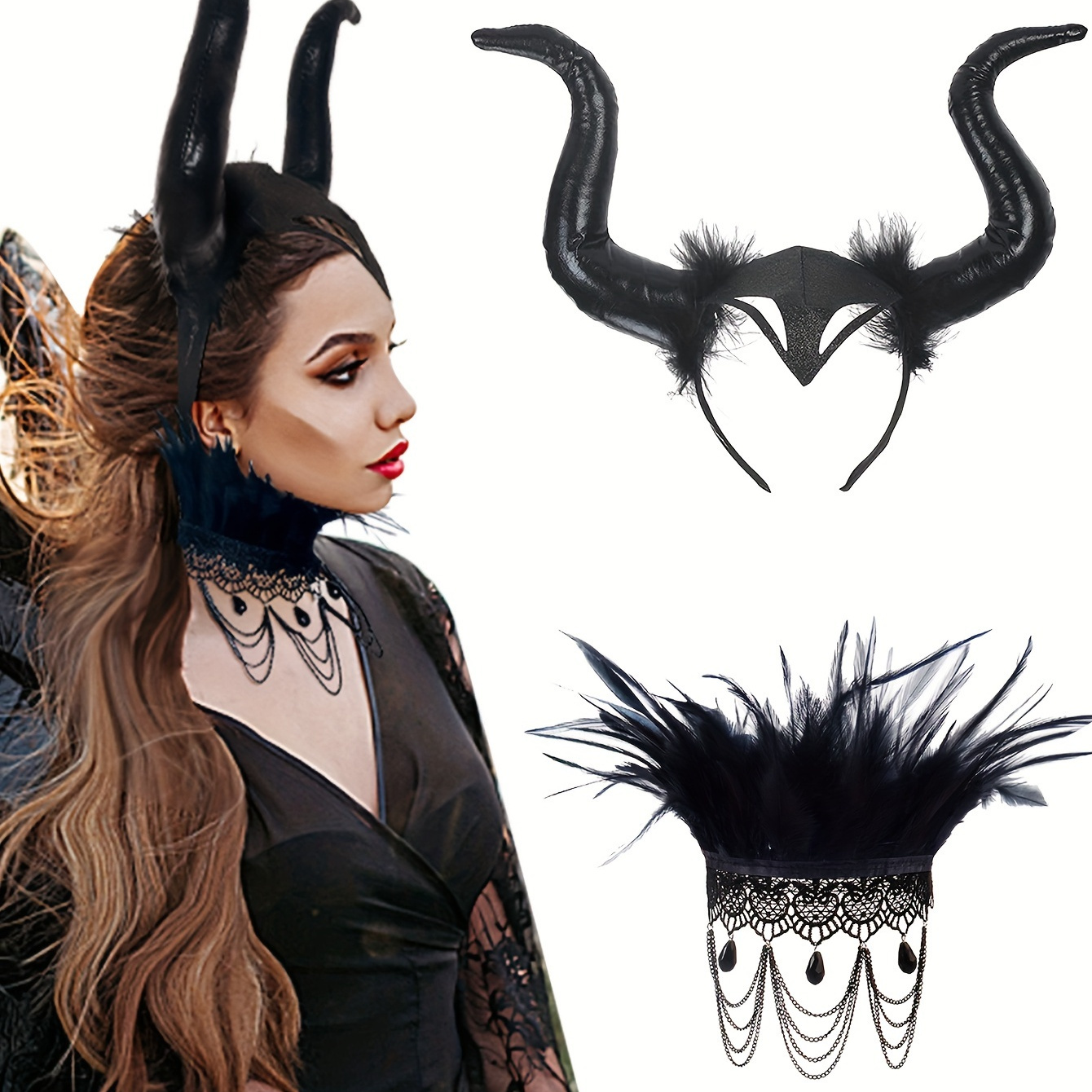 

Women's Devil Horns Headband With And Lace Choker Set, Steampunk Style, Gothic Costume Accessory For Cosplay