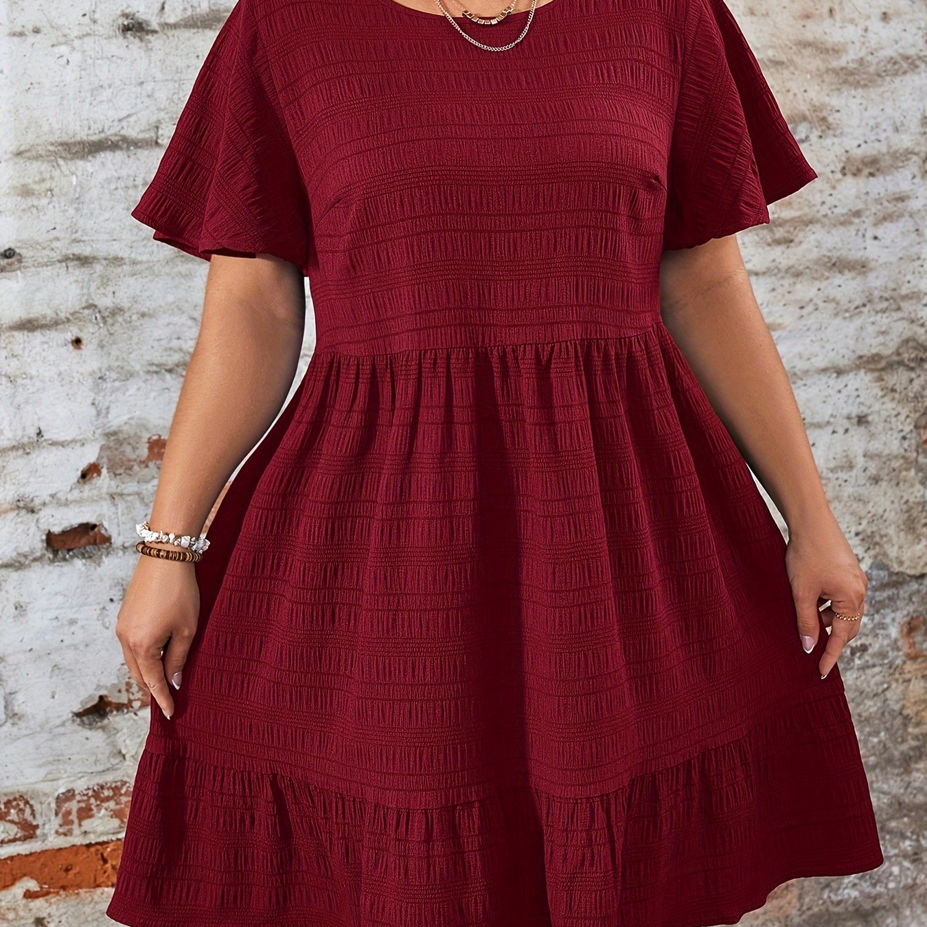 

Plus Size Elegant Midi Dress With Sleeves - Chic Swiss , Hem, Round Neck, Stretchy Polyester , Summer, Elegant Midi Dresses For Vacation