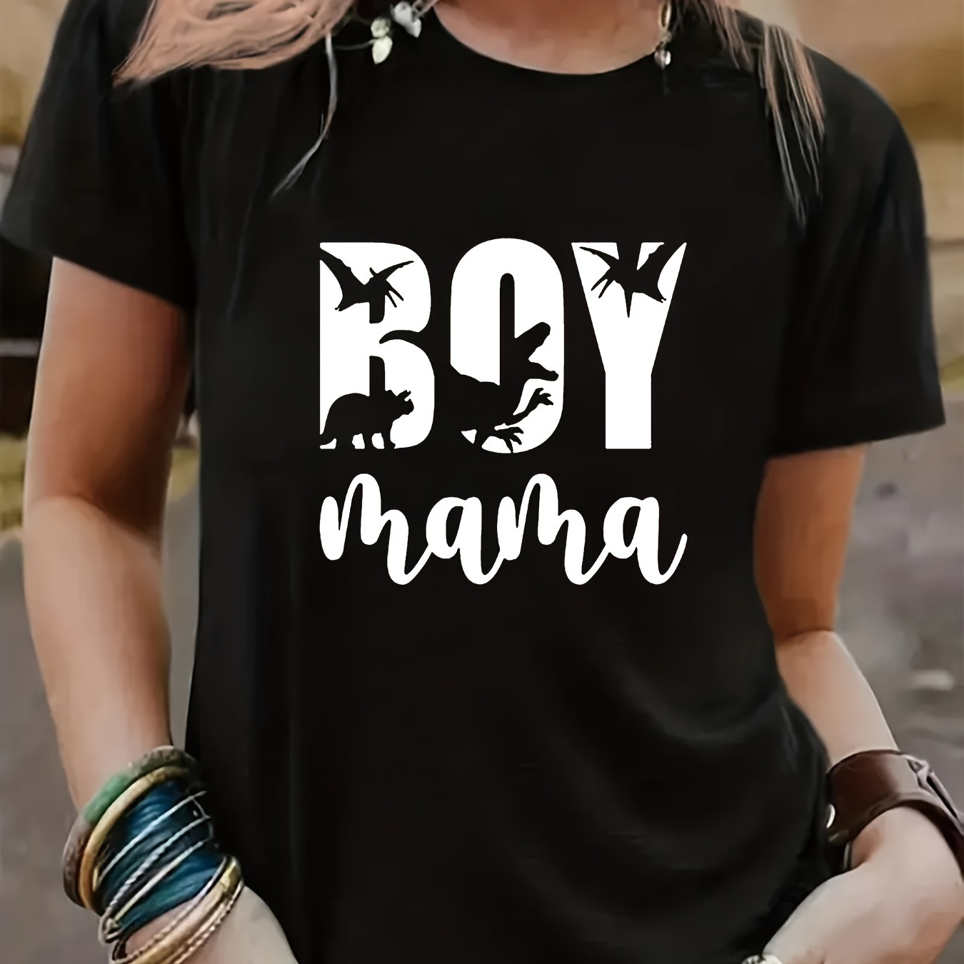 

Boy Mama Print T-shirt, Short Sleeve Crew Neck Casual Top For Summer & Spring, Women's Clothing