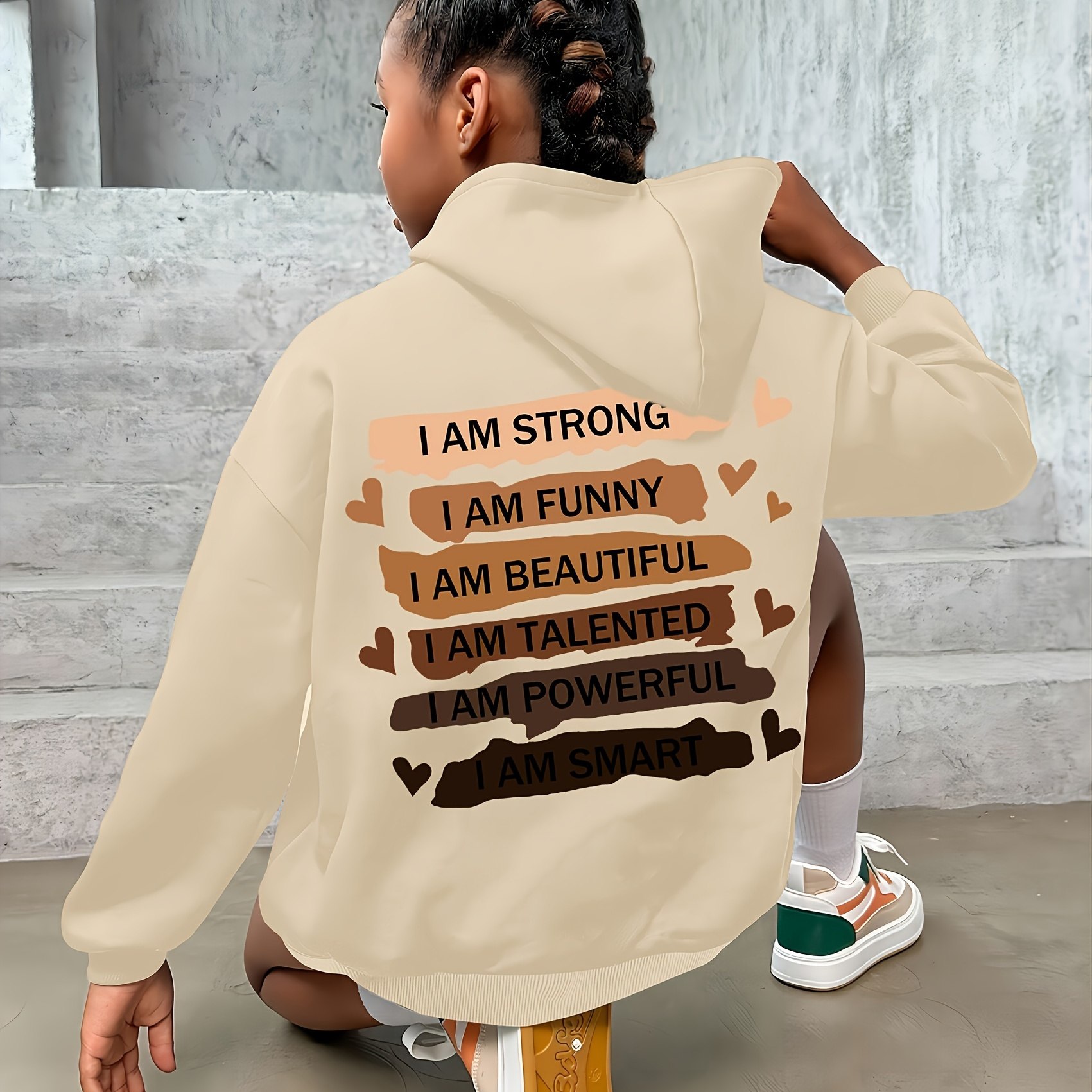 

Girls' Inspirational Alphabet Applique Hoodie - Casual Polyester Knit Fabric Hooded Sweatshirt With Slight Stretch, Loose Fit For Fall/winter - Empowering Positive Affirmation Design