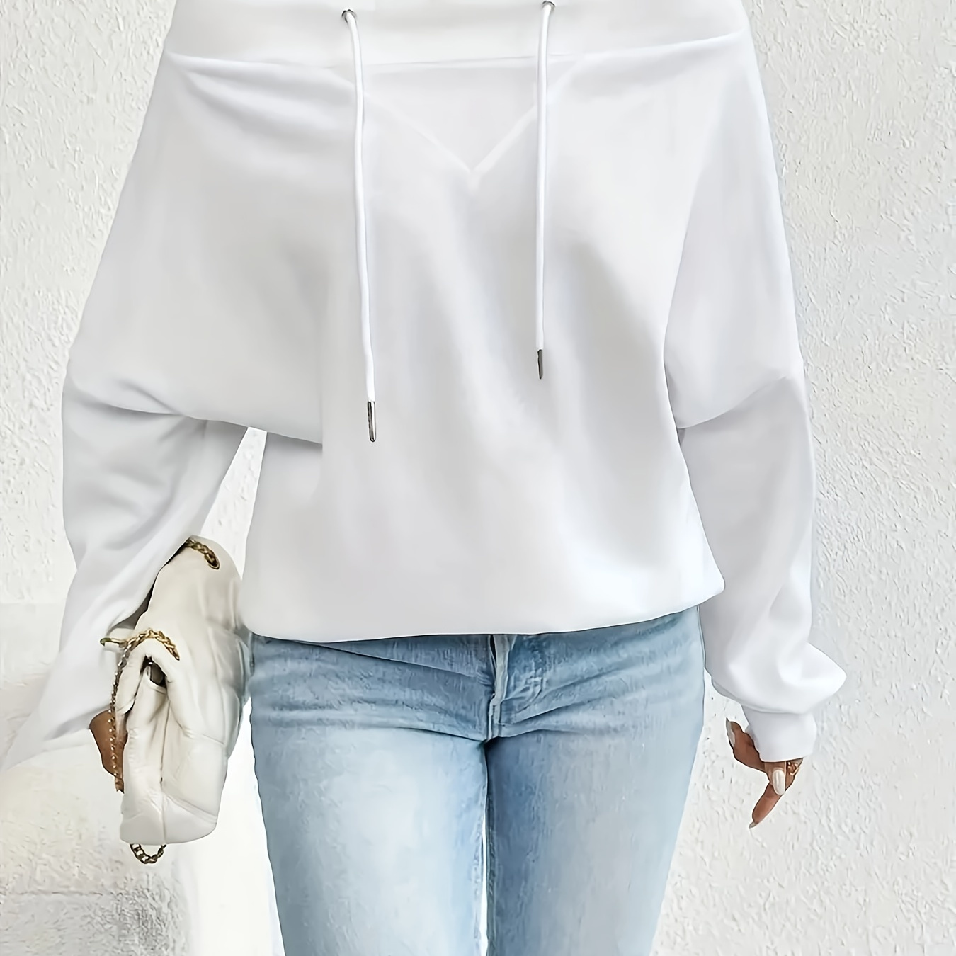 

Plus Size Solid Shoulder Sweatshirt, Casual Drawstring Long Sleeve Sweatshirt For Spring & Fall, Women's Plus Size Clothing