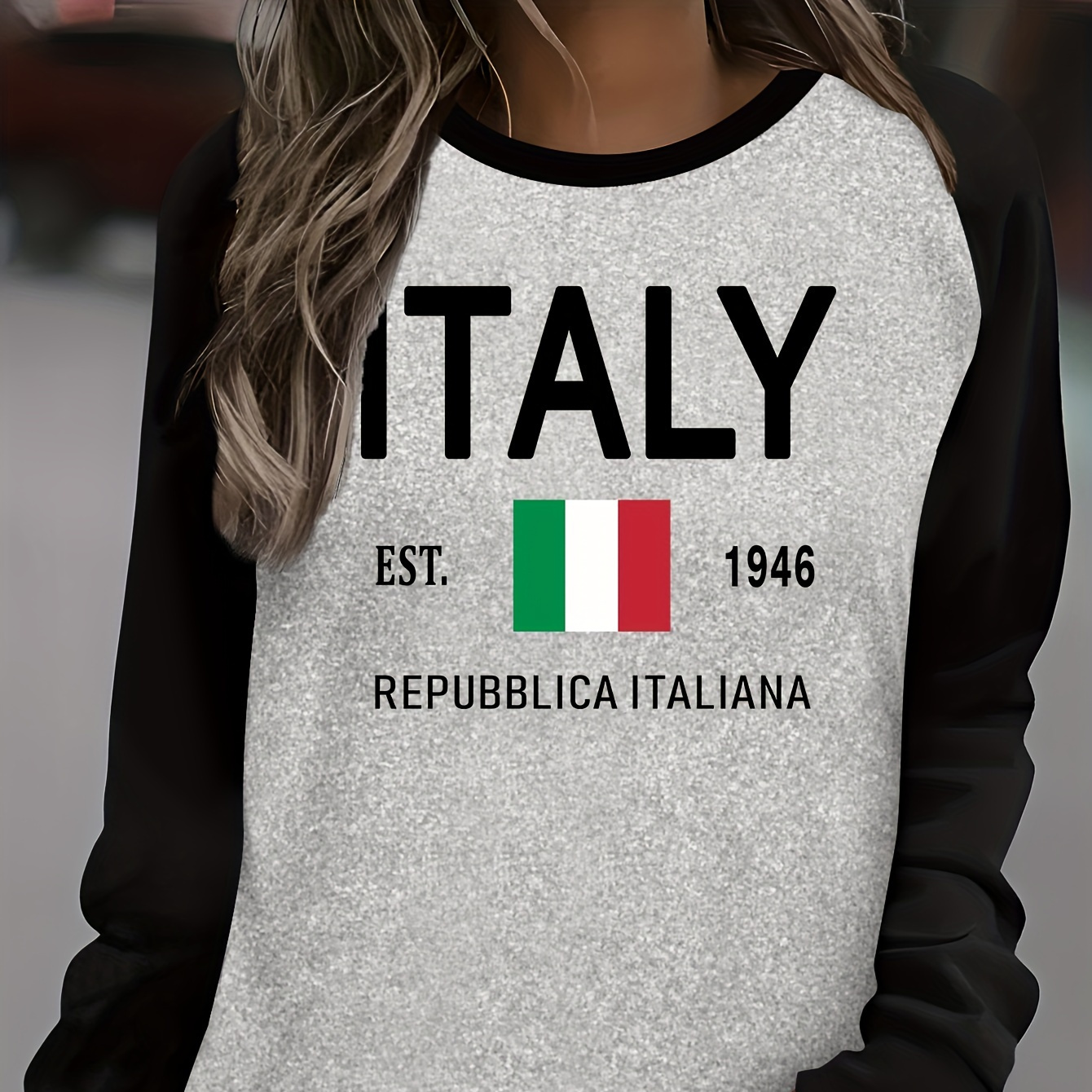 

Italy Est. 1946 Italiana Applique Crew Neck Long Sleeve T-shirt - Casual Polyester Spandex Knit Fabric With Alphabet Pattern And Raglan Sleeves - All Season Comfort