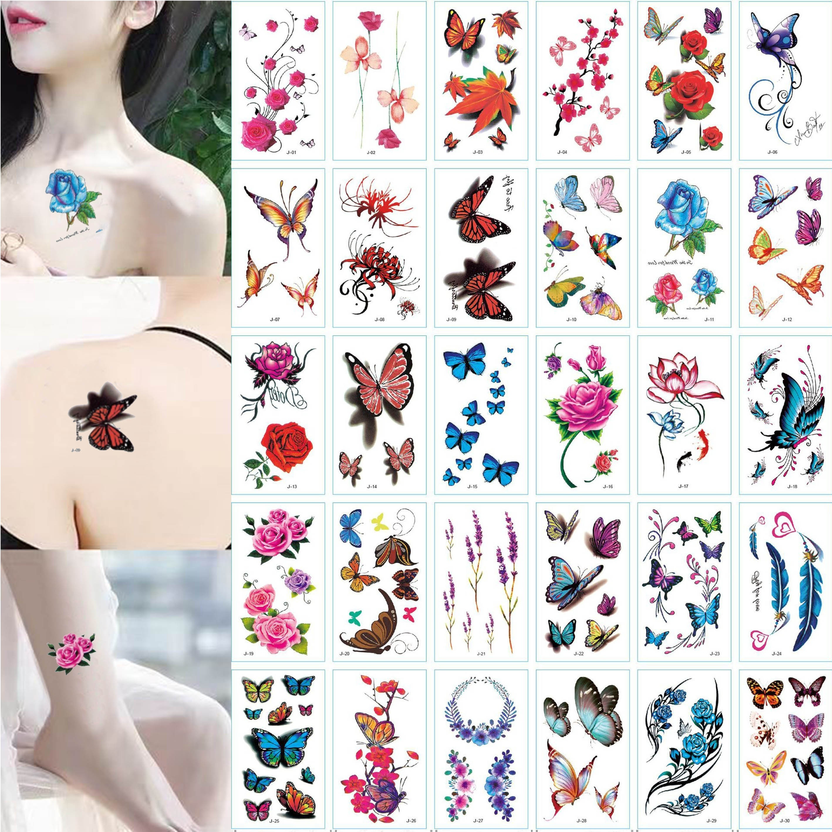 

30 Sheets Tattoo Stickers, Butterfly Rose Flower Feather Pattern, Shoulder Back Leg Arm Temporary Tattoos For Men And Women