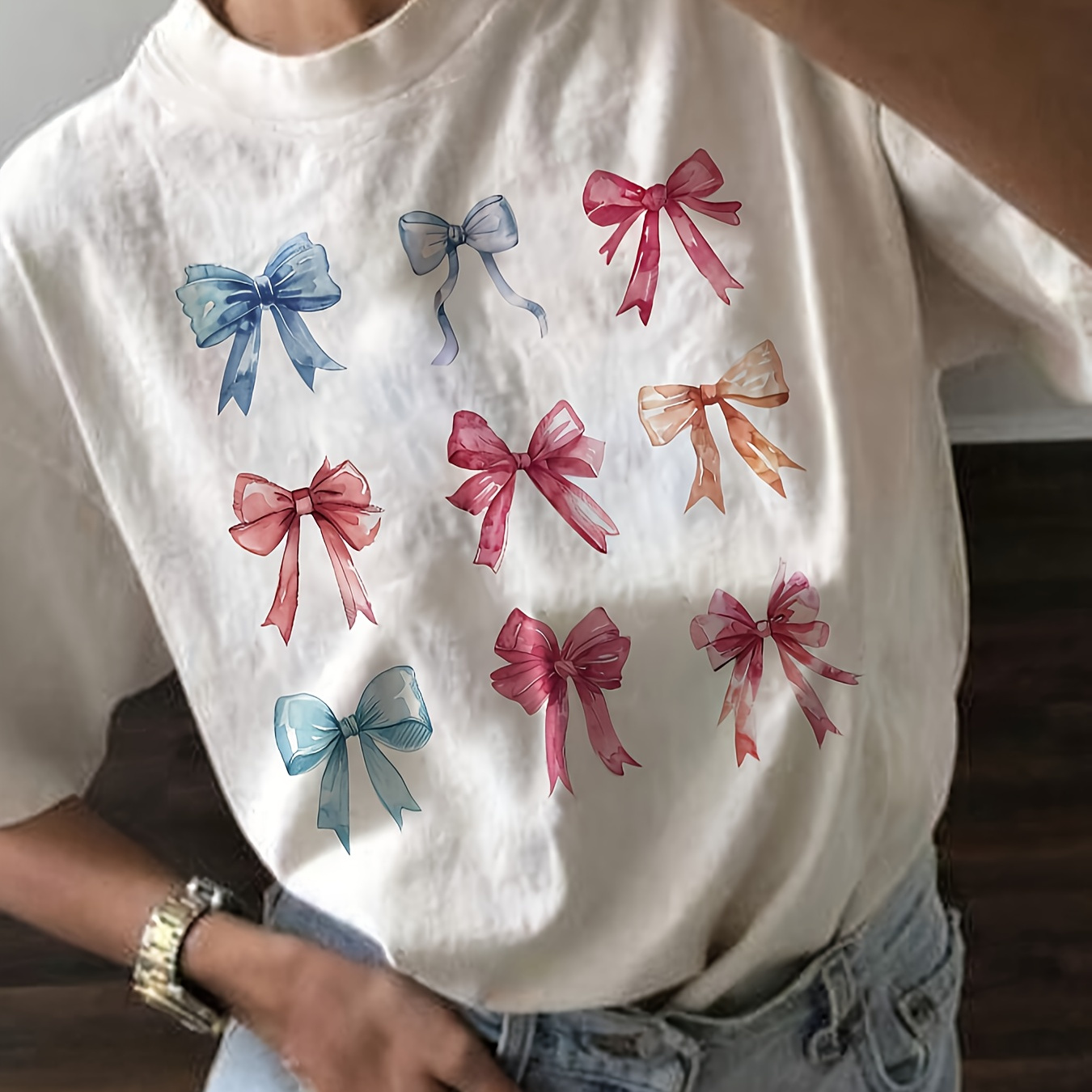 

Bow Print T-shirt, Short Sleeve Crew Neck Casual Top For Summer & Spring, Women's Clothing