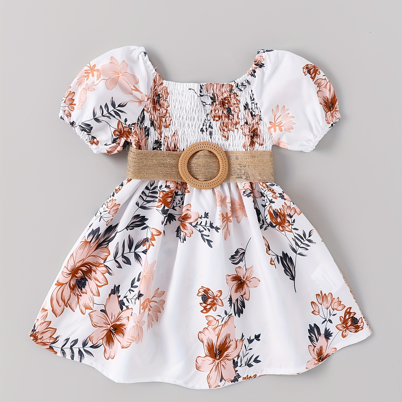 Toddler Baby Girl Summer Floral Print Dress Clothes, Off Shoulder Lantern Sleeve Shirred Dress, Umbrella Shape Swing Dress With Belt