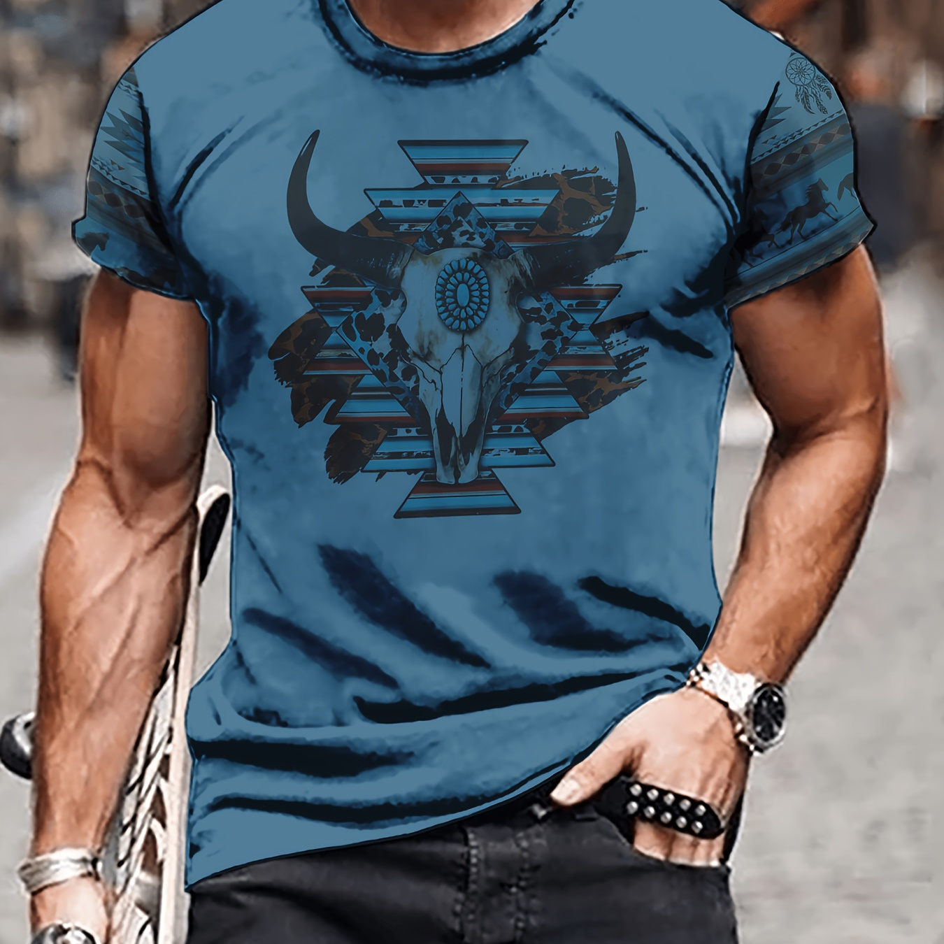 

Men's Ethnic Patterns Print Short Sleeve Crew Neck T-shirt, Casual Stylish Tee As Gift