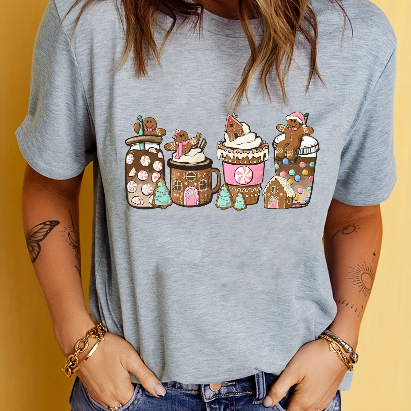 

Christmas Coffee Print T-shirt, Casual Crew Neck Short Sleeve Top, Women's Clothing