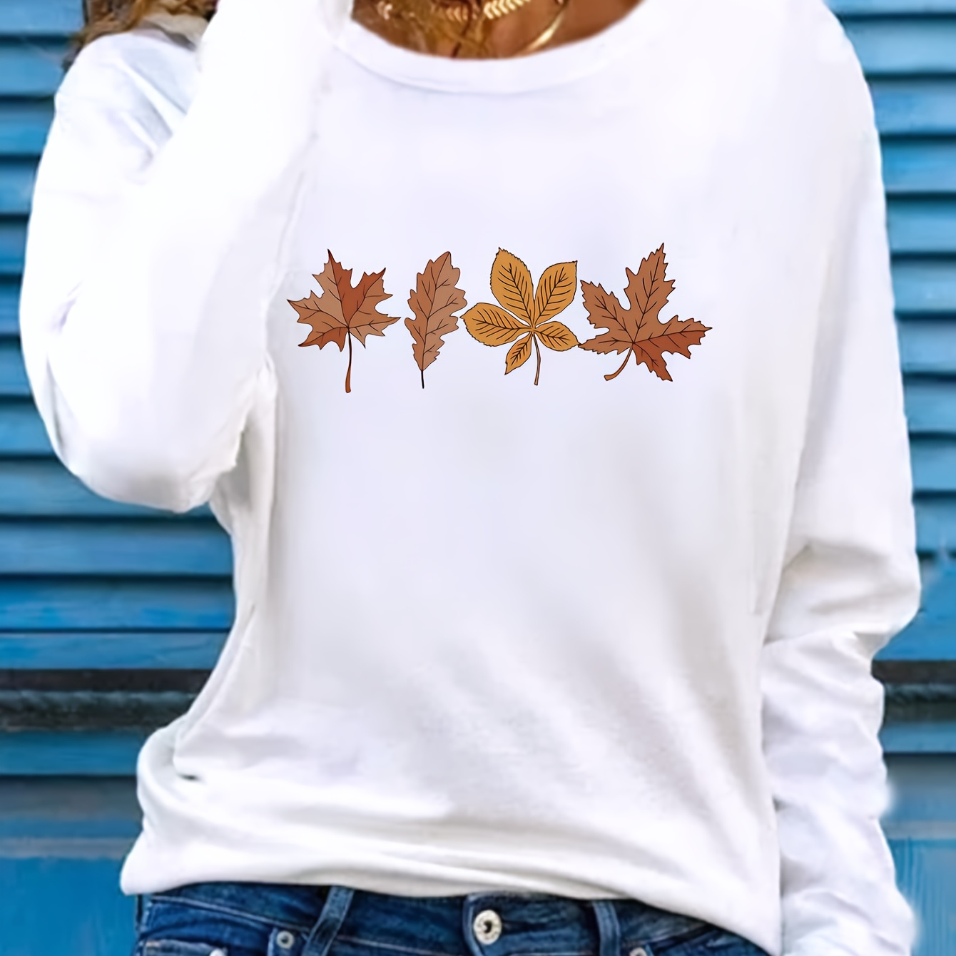 

T-shirt à manches longues à imprimé de feuilles d'automne, col rond, décontracté, en tricot de polyester avec une élasticité moyenne pour l'automne/hiver.