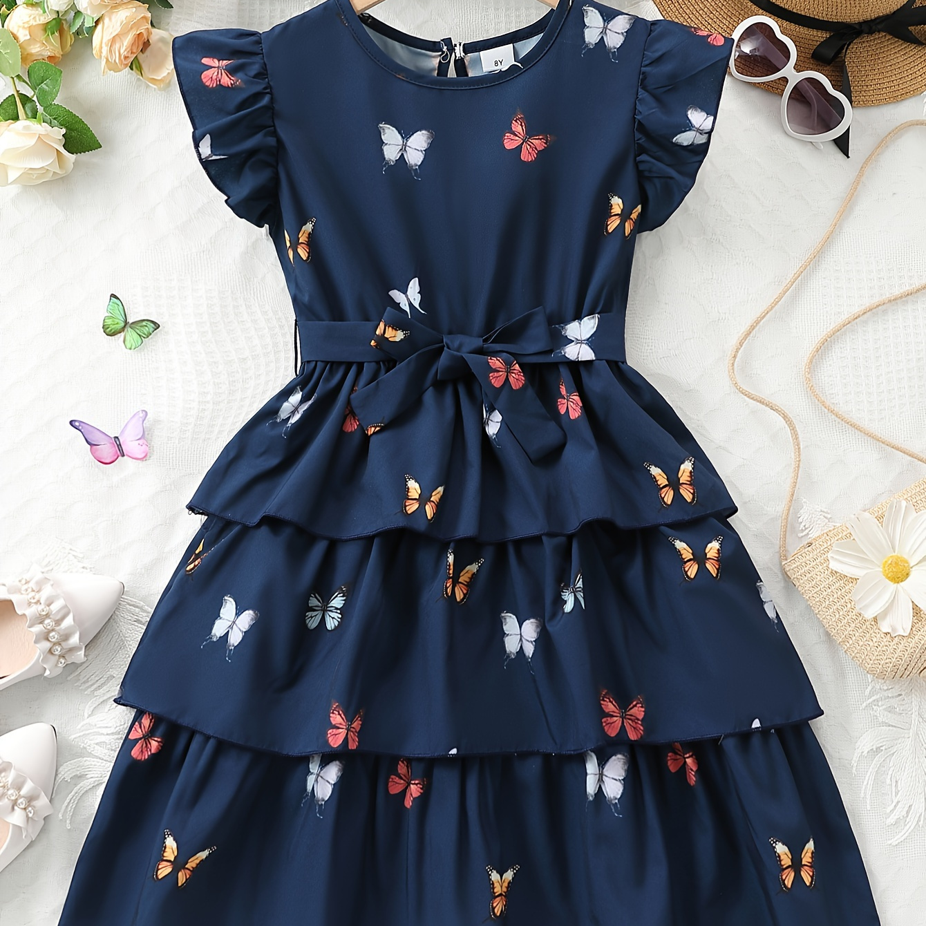 

Girls Stylish Butterfly Graphic Layered Flutter Sleeve Dress For Summer Party Gift