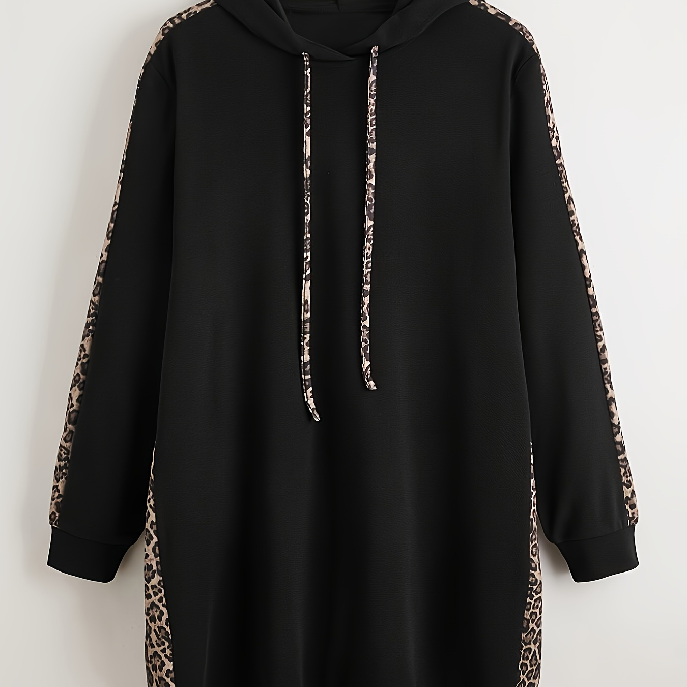 

Sweat à Capuche Décontracté Grande Taille pour Femme - Noir avec Accents Imprimé Léopard, Manches Longues, Capuche à Cordon, et Poches, Pull en de Polyester, Sweat à Capuche Oversize