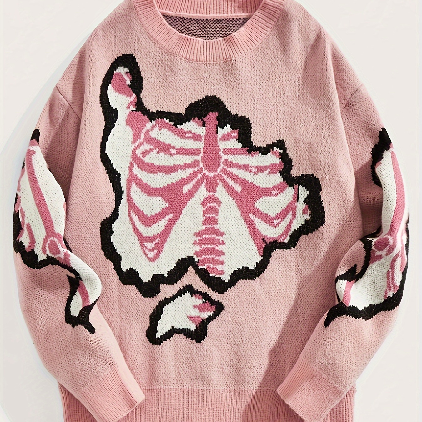 

Women's Pink Skeleton Pattern Knit Sweater - Long Sleeve, Round Neck, Stretchy Polyester Pullover For Fall/winter, Holiday Knitwear|round Neckline Sweater