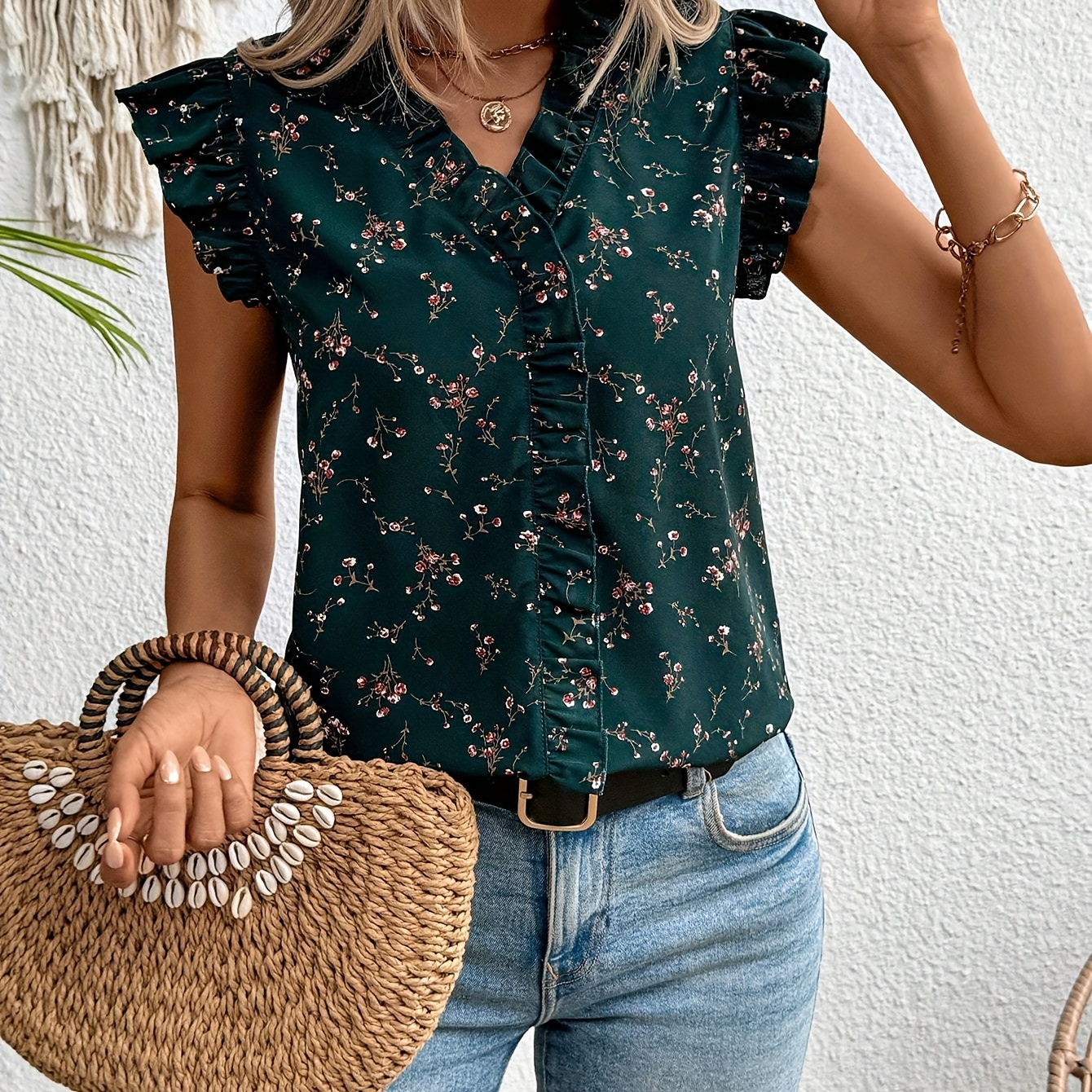 

Blouse à imprimé floral avec col en V, haut décontracté à manches volantes à volants pour et l'été, vêtements pour femmes