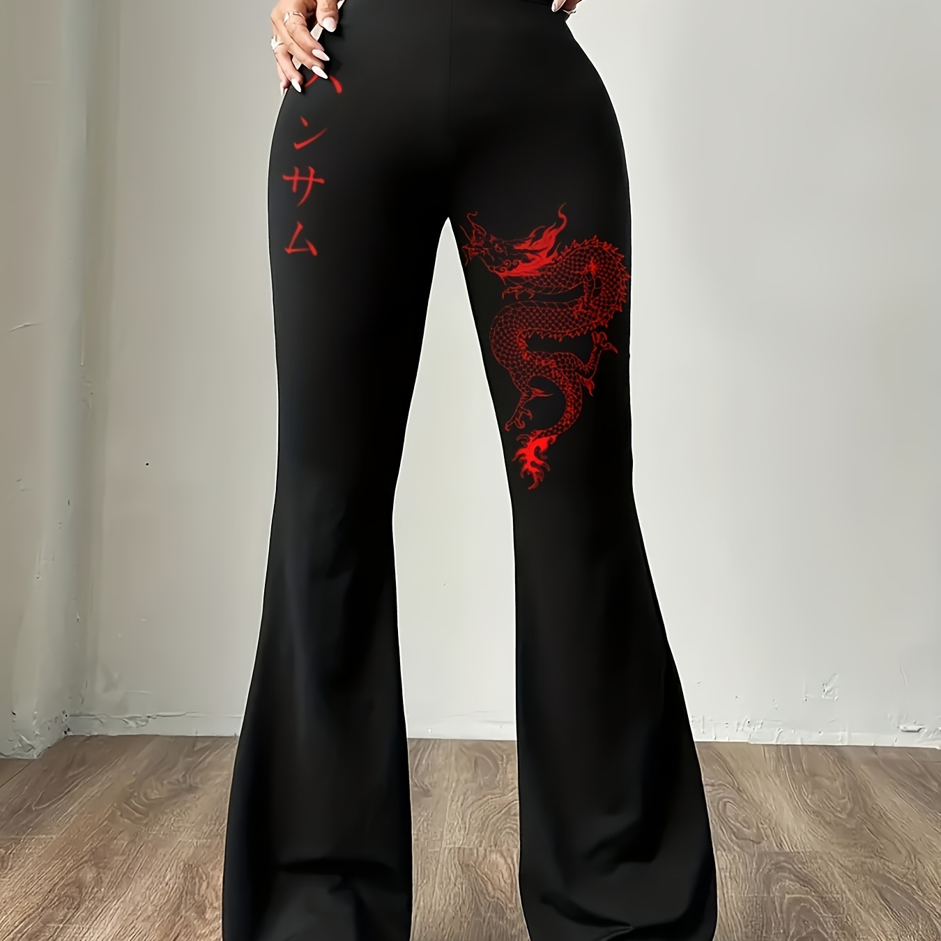 

Women's Flare Leg Pants, 95% Polyester 5% Elastane, Printed Knit Fabric, 180g/m², Adult Flared Trousers With Dragon Pattern