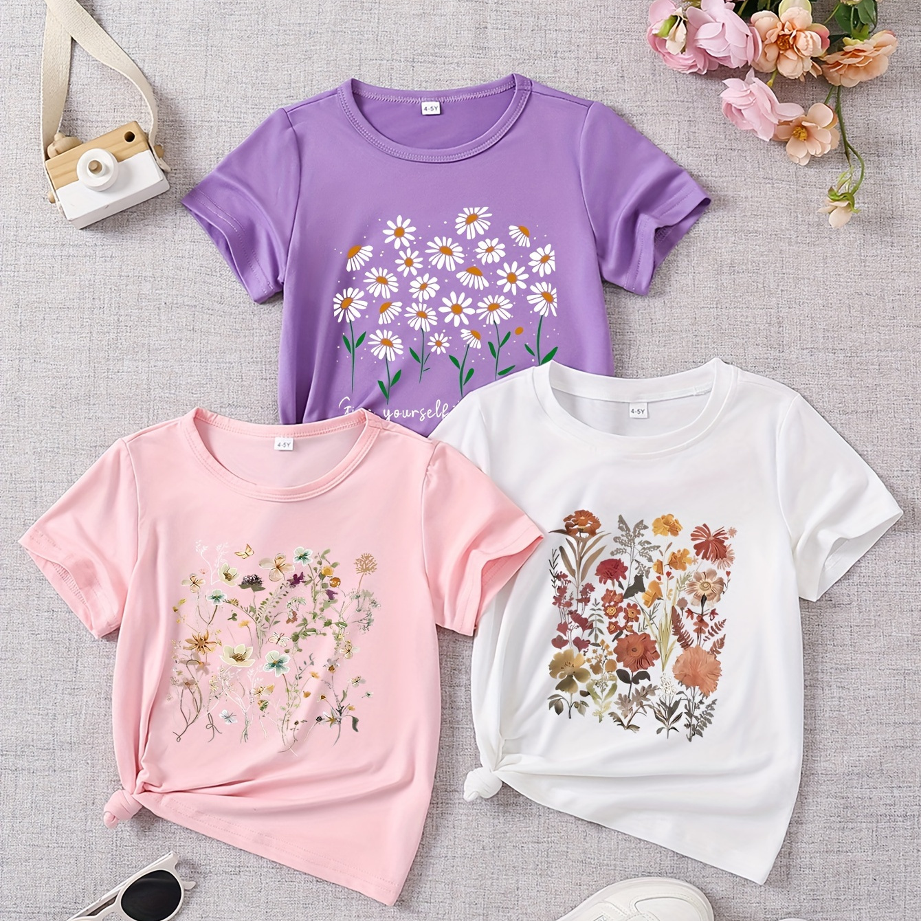 

3pcs Girls' Summer Floral Print Short Sleeve T-shirts - Soft & Stretchy Polyester , Designs In Purple, , Casual Round Neck Tees For &