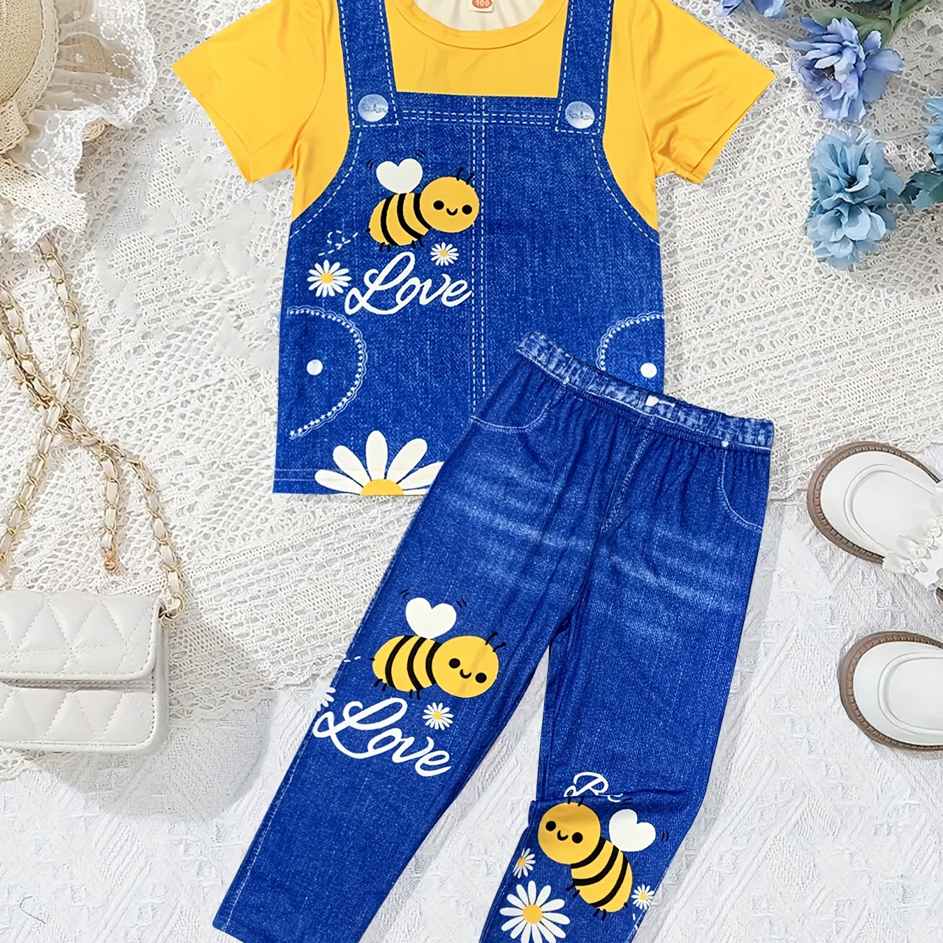 

Girls Set Cartoon Bee Graphic Imitation Denim 3d Graphic Top + Pants Two-piece Set Casual Comfortable Summer Clothes
