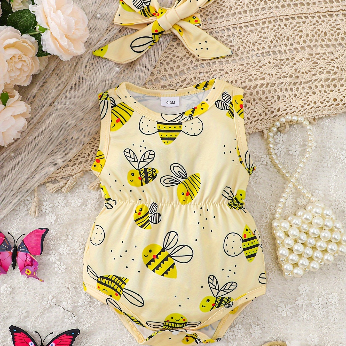 

Baby's Cartoon Bee Full Print Triangle Bodysuit & Hairband, Casual Sleeveless Romper, Toddler & Infant Girl's Onesie For Summer, As Gift