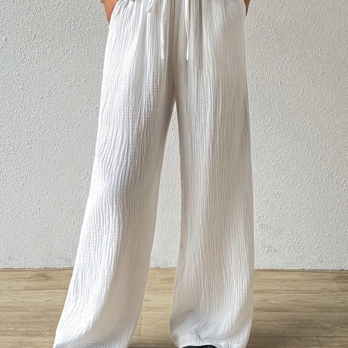 

Pantalon texturé à poches obliques, pantalon décontracté à jambes larges à cordon de serrage de couleur unie pour l'automne et l'hiver, vêtements pour femmes