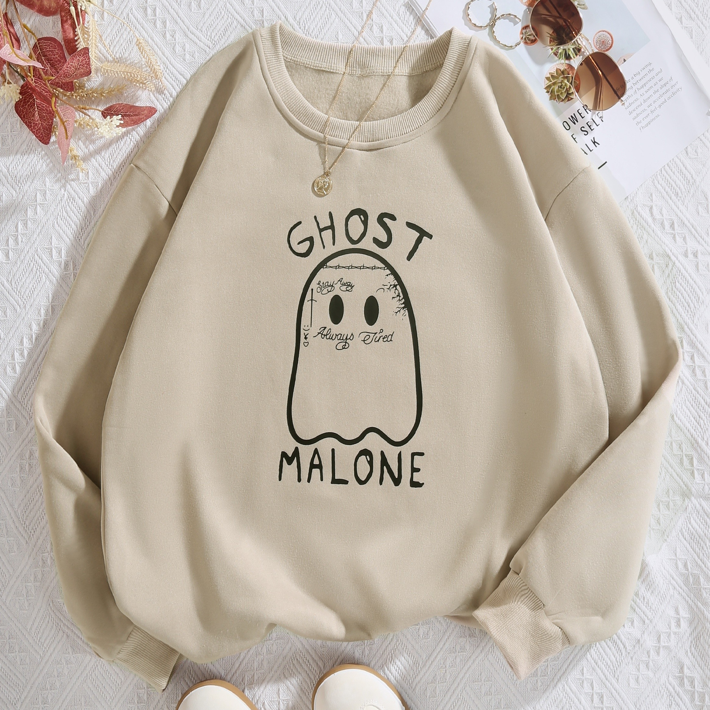 

Halloween Ghost Print Pullover Sweatshirt, Cute Long Sleeve Crew Neck Sweatshirt, Women's Clothing