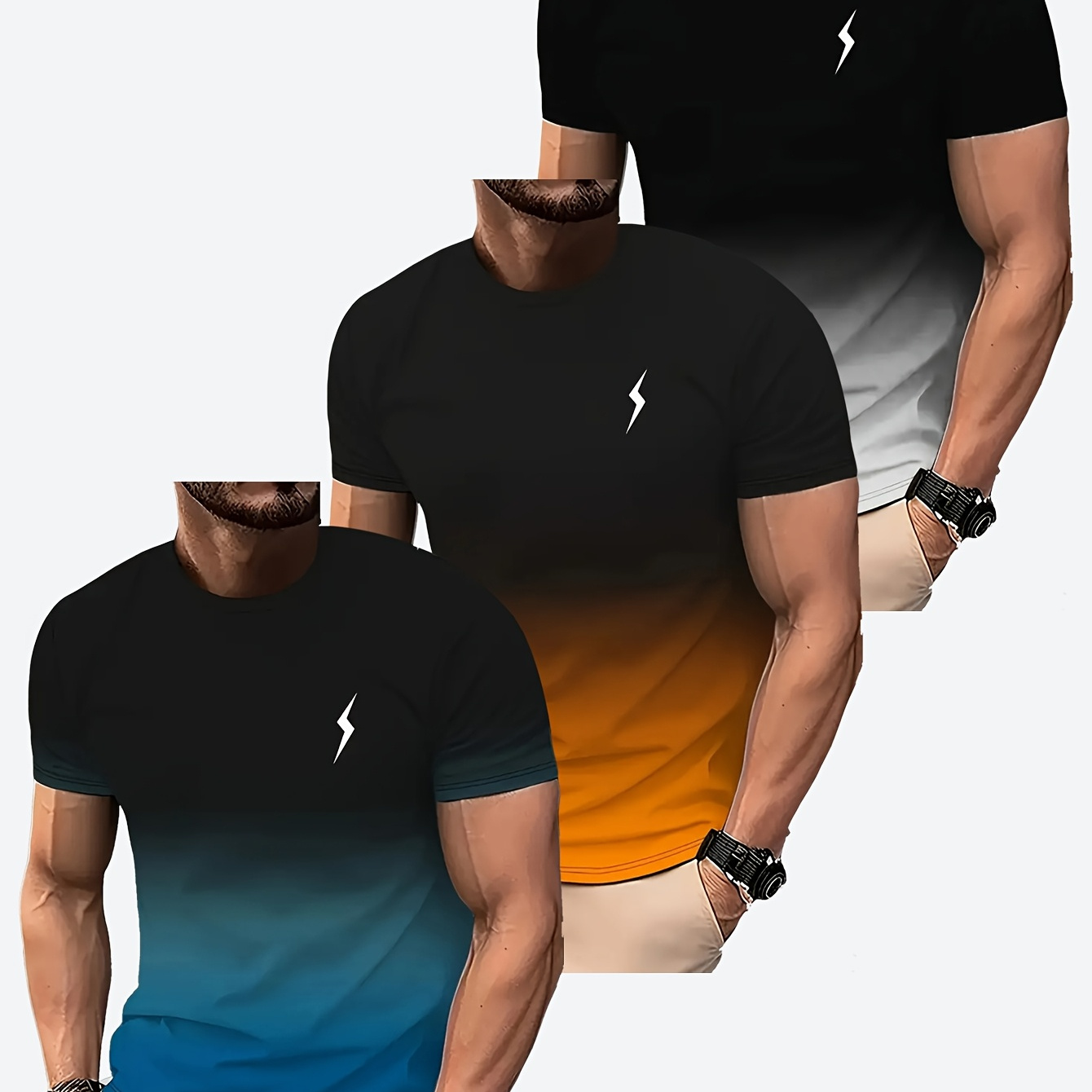 

3-pack Men's Gradient 3d Printed T-shirts, Quick Dry Polyester Crew Neck Short Sleeve Tops, Regular Fabric For Sports & Fitness, Spring/summer/fall Collection