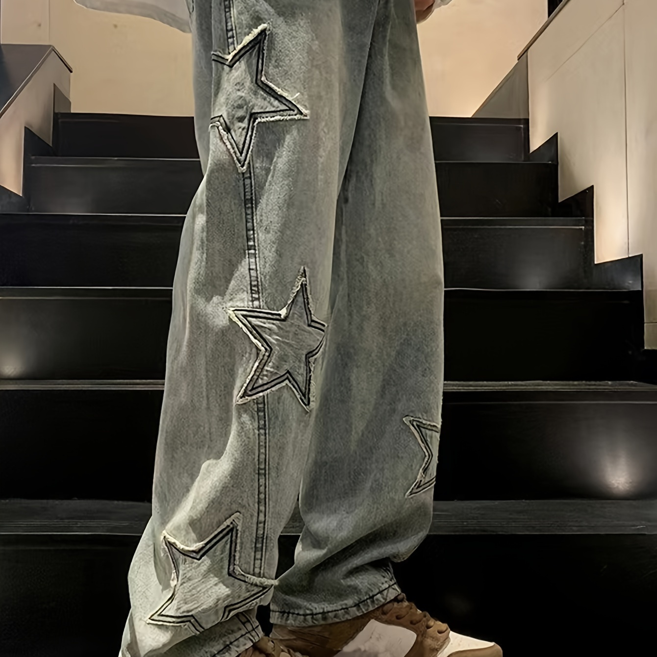 

Patchwork Design Denim Jeans, Men's Trendy Star Pattern Casual Street Style Wide Leg Denim Pants For All Seasons