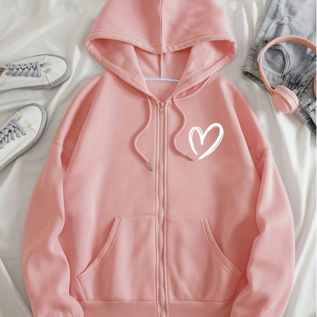 

Heart Print Hoodie With Pocket, Casual Zip Up Long Sleeve Drawstring Hooded Jacket, Women's Clothing