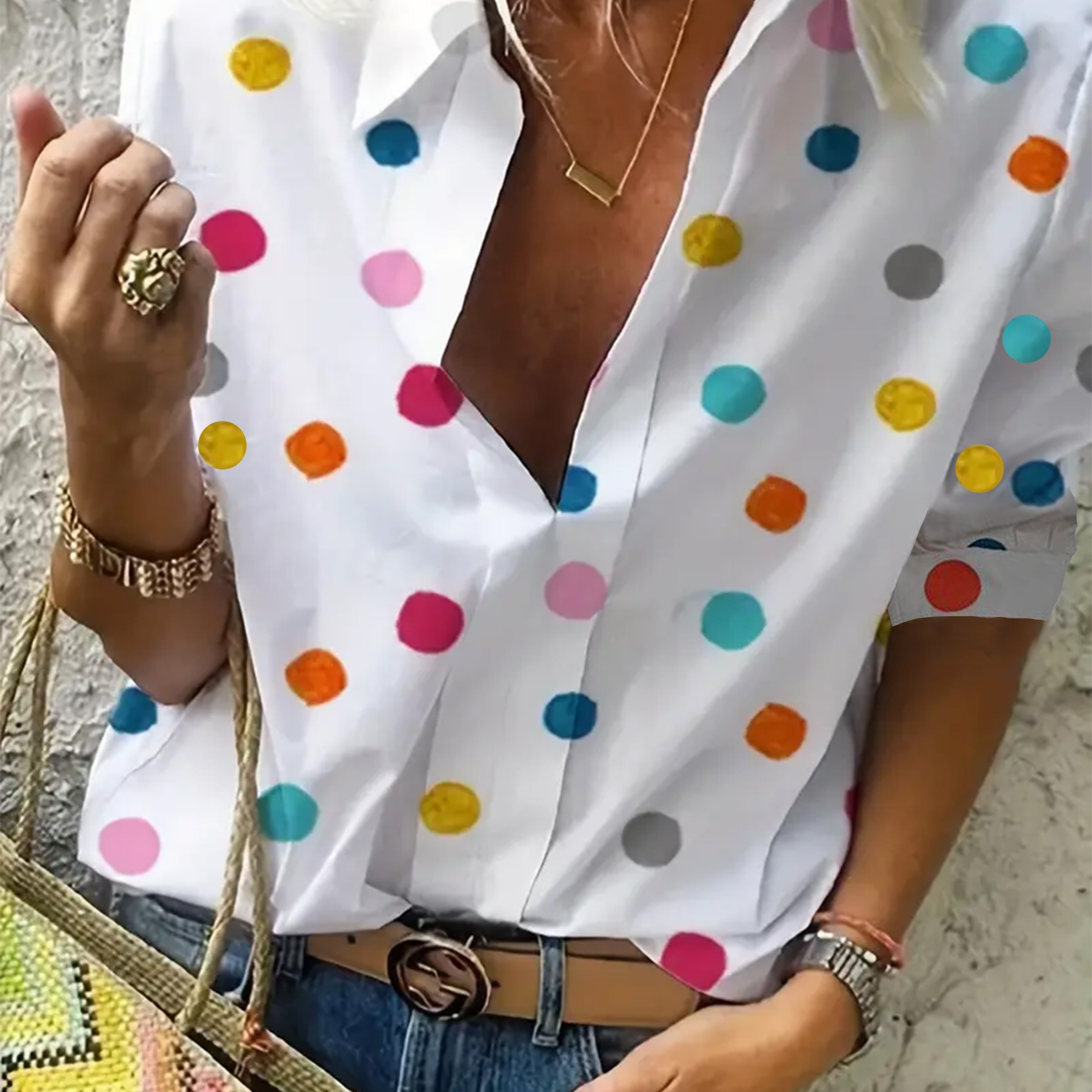 

Polka Dot Print Collared Blouse, Elegant Short Sleeve Top For Spring & Summer, Women's Clothing