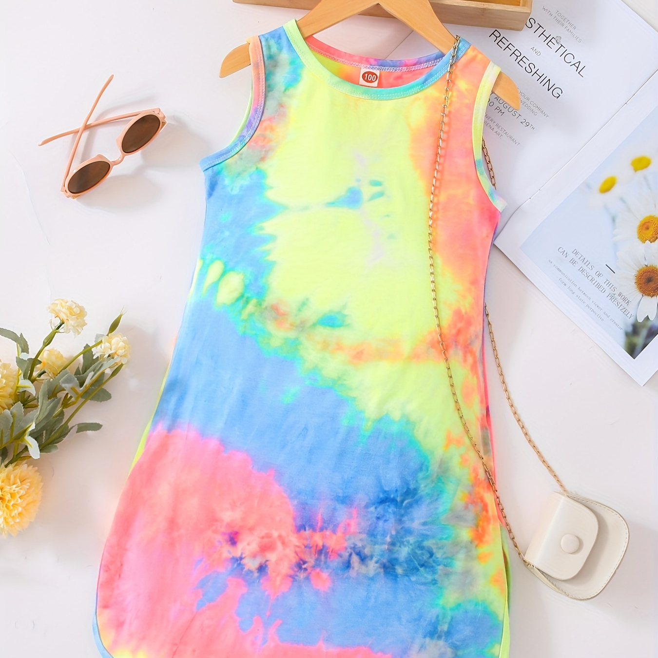 

Toddler Girls Rainbow Tie Dye Slit Hem Casual Tank Dress For Party Beach Vacation Kids Summer Clothes