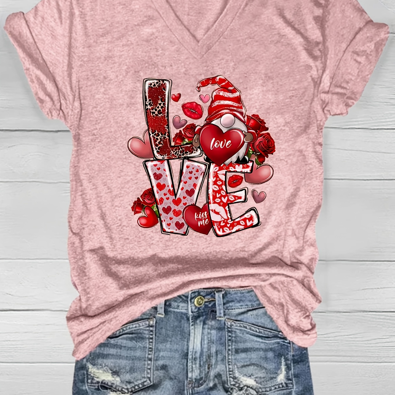 

Women's V-neck T-shirt, Summer Casual Loose Fit Top Heart & Roses Graphic, Polyester 60% Rayon 35% Spandex 5% Knit Fabric With Slight Stretch