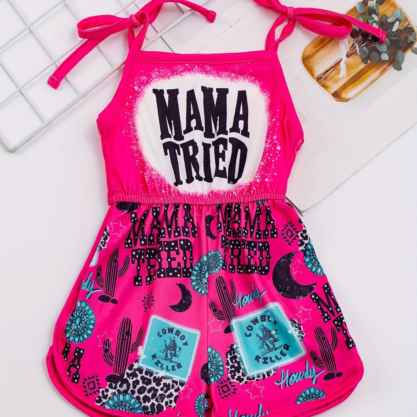 Toddler Girls Letter "MAMA TRIED" And Cactus Star Moon Graphic Adjustable Tie Shoulder Cami Rompers Jumpsuits For Beach Vacation Kids Summer Clothes