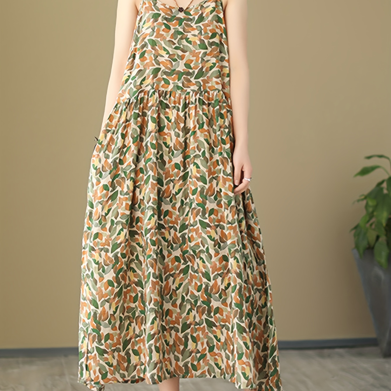 

Elegant Women's Floral Maxi Dress With Spaghetti Straps - Sleeveless, A-line Silhouette, Vacations,/, Green With Brown Flowers, Beach Dress