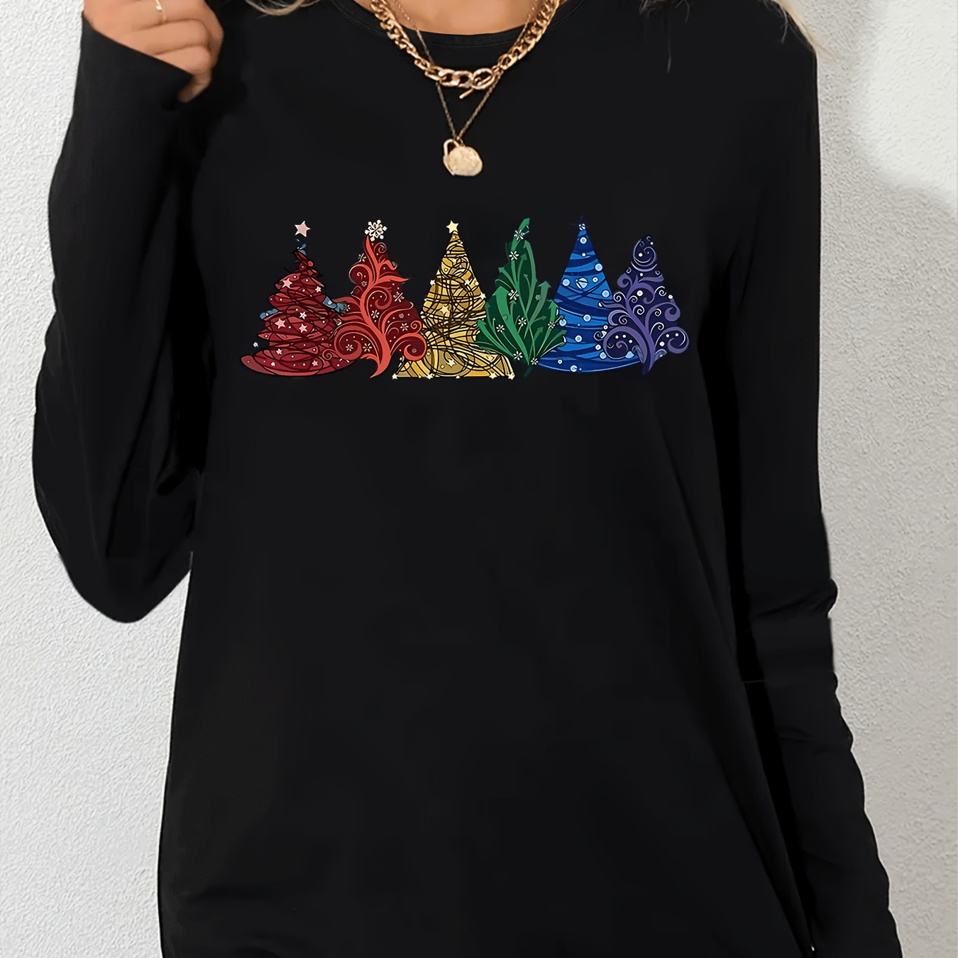 

Women's Casual Long Sleeve T-shirt With Tree Print - Breathable Polyester , Crew Neck, Machine Washable - Black & Dark Grey