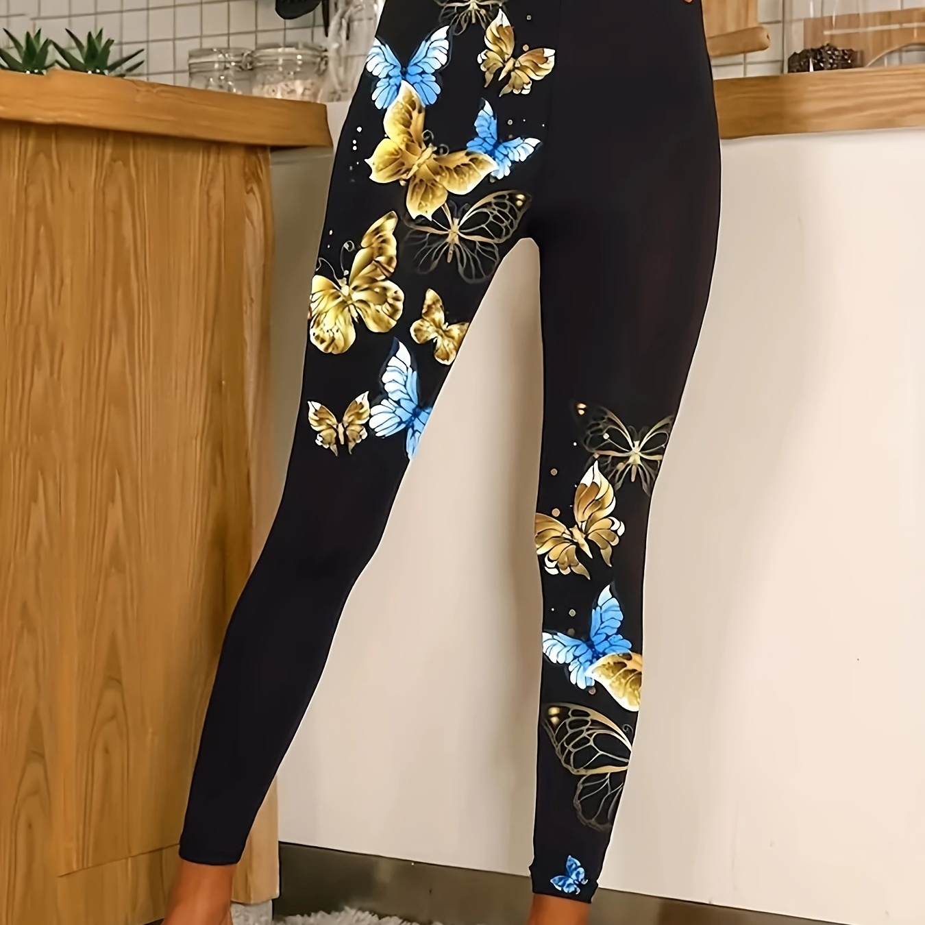 

Leggings moulants à imprimé papillon, leggings extensibles à taille élastique décontractée, vêtements pour femmes