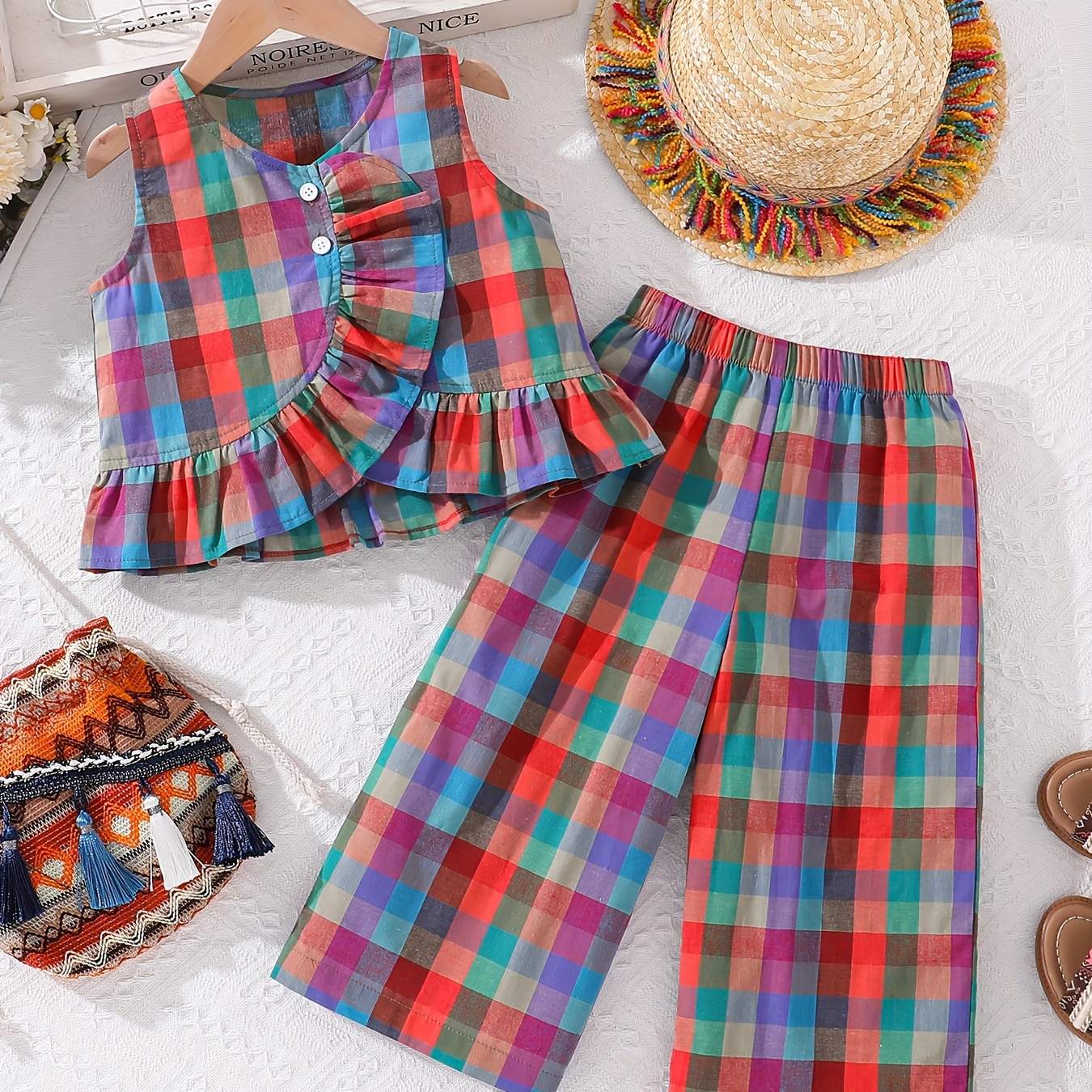 

Girls Casual & Stylish Cotton Outfit, 2pcs/set Plaid Pattern Sleeveless Ruffle Hem Top & Trousers For Spring & Summer