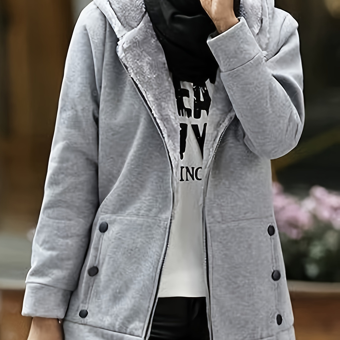 

1pc 's Fleece Hooded , Long Sweatshirt , And Knit , Fall/ Outerwear