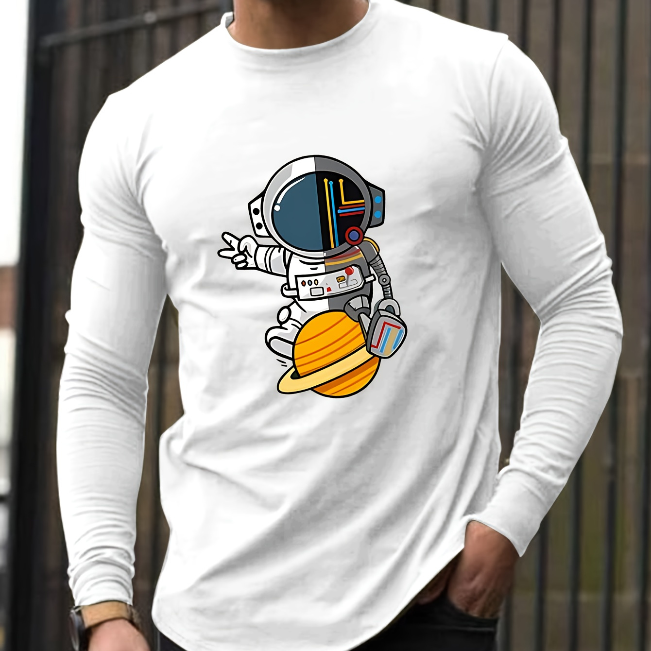 

Men's Astronaut Graphic Long Sleeve T-shirt - Crew Neck, Fall/winter Casual Wear & Gift