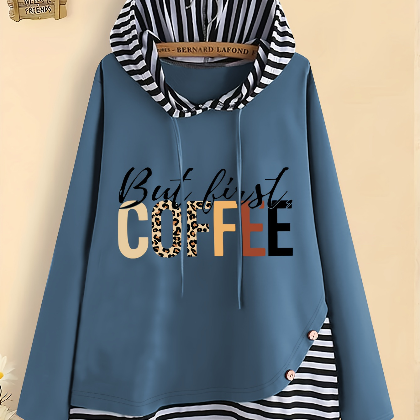 

Elegant Spring/summer Hoodie With Alphabet Print And Striped Panel, Long Sleeve Casual Sweatshirt With Hood, Polyester Knit Fabric, Button Detail - Women' Hoodie