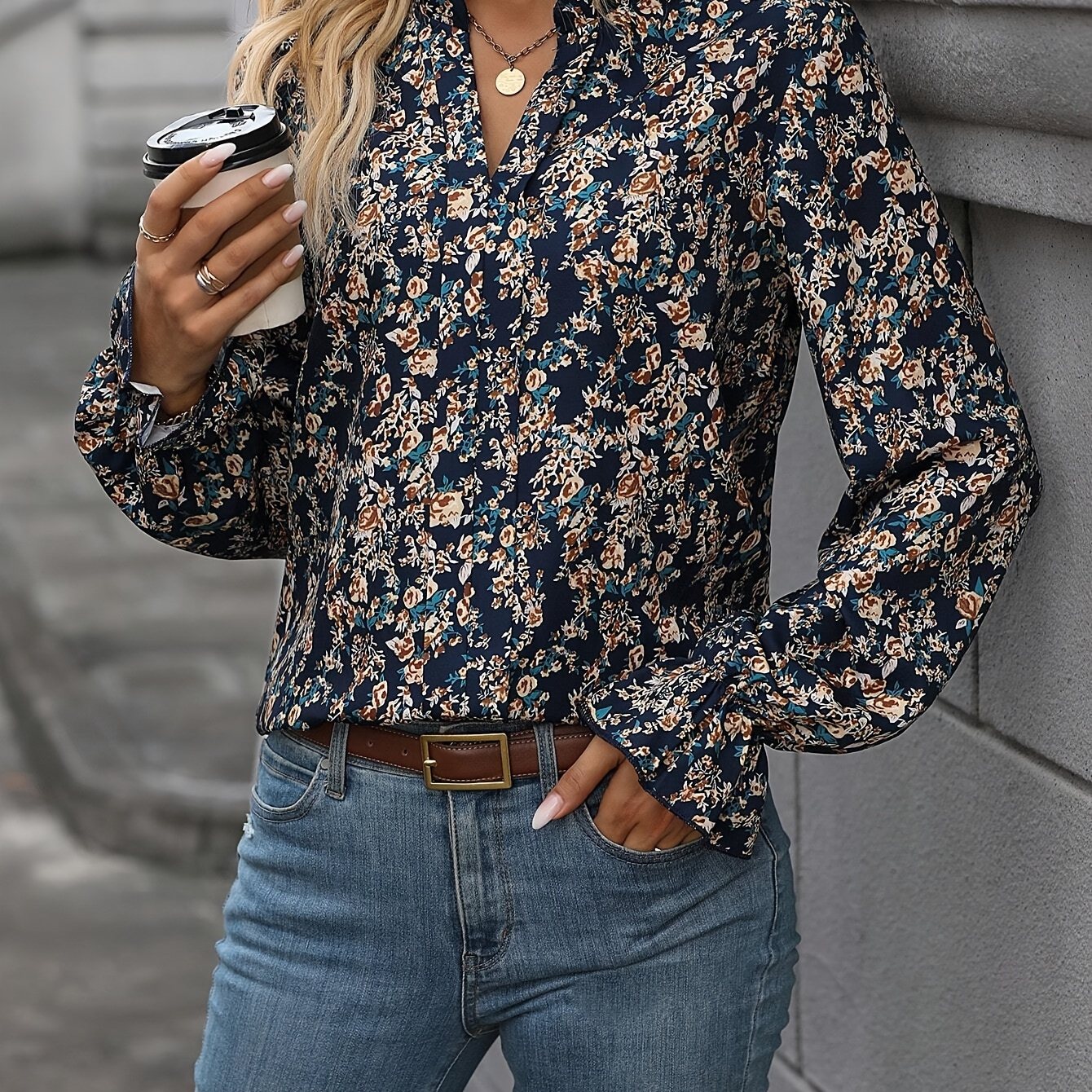 

Floral Print V-neck Blouse, Elegant Long Sleeve Blouse Top For Spring & Fall, Women's Clothing