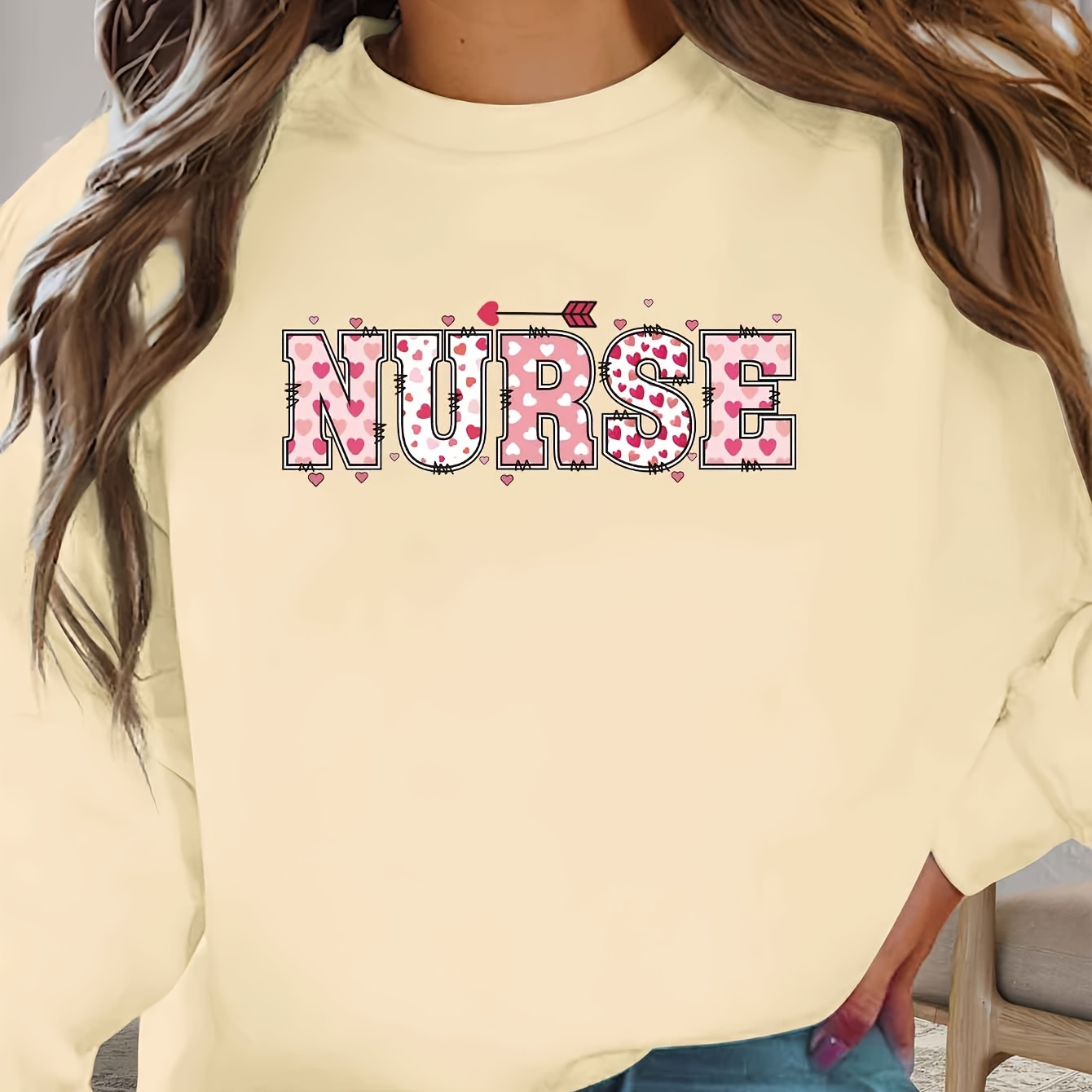 

Women's Casual Polyester Sweatshirt With "nurse" Letter Print, Crew Neck, Knit Fabric, 250gsm - Comfortable & Stylish Winter & Fall Top