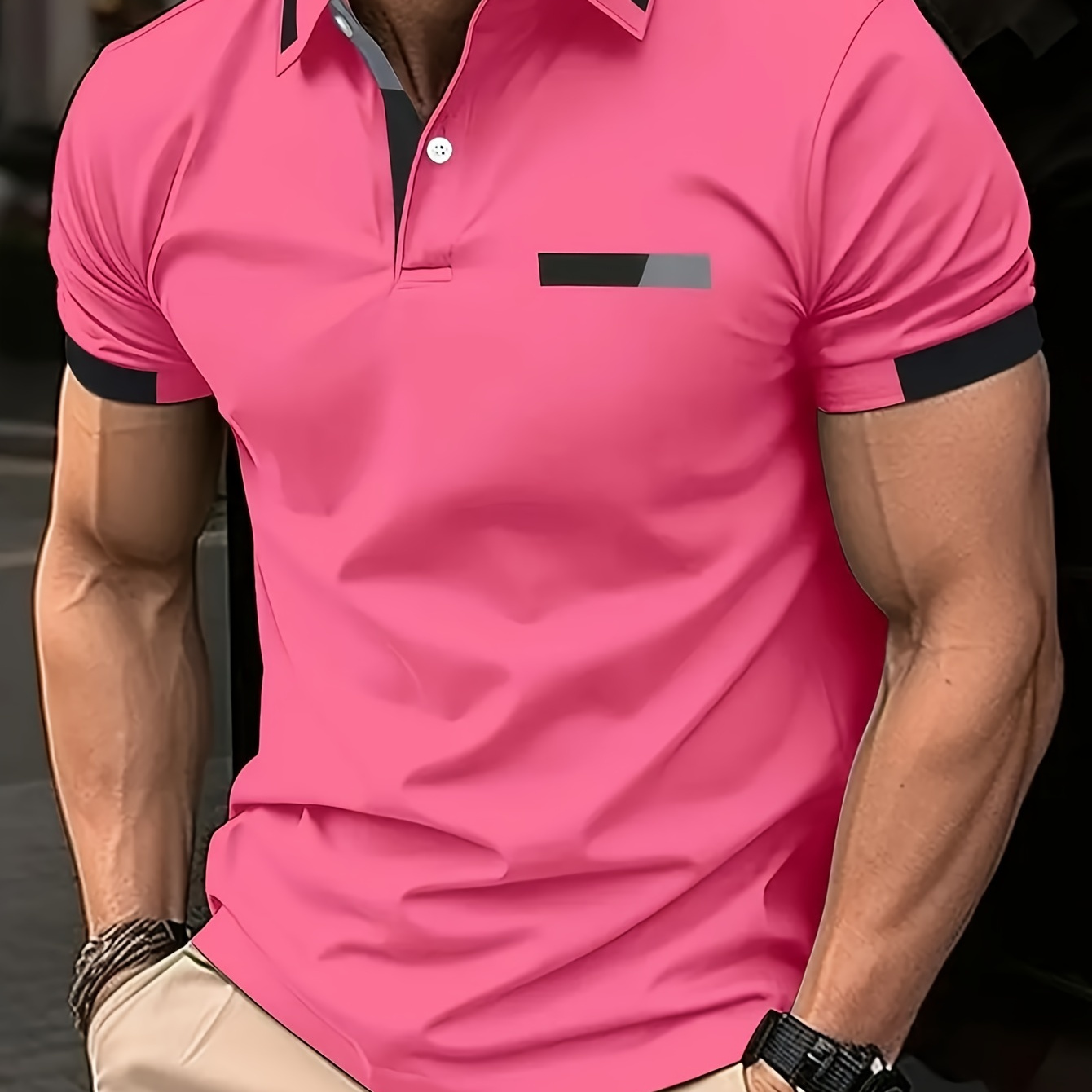 

Men's Short Sleeve Lapel Golf Shirts With Contrast Trim Design, Casual Style Slight Stretch Regular Fit Summer Tops, Summer Golf Shirts