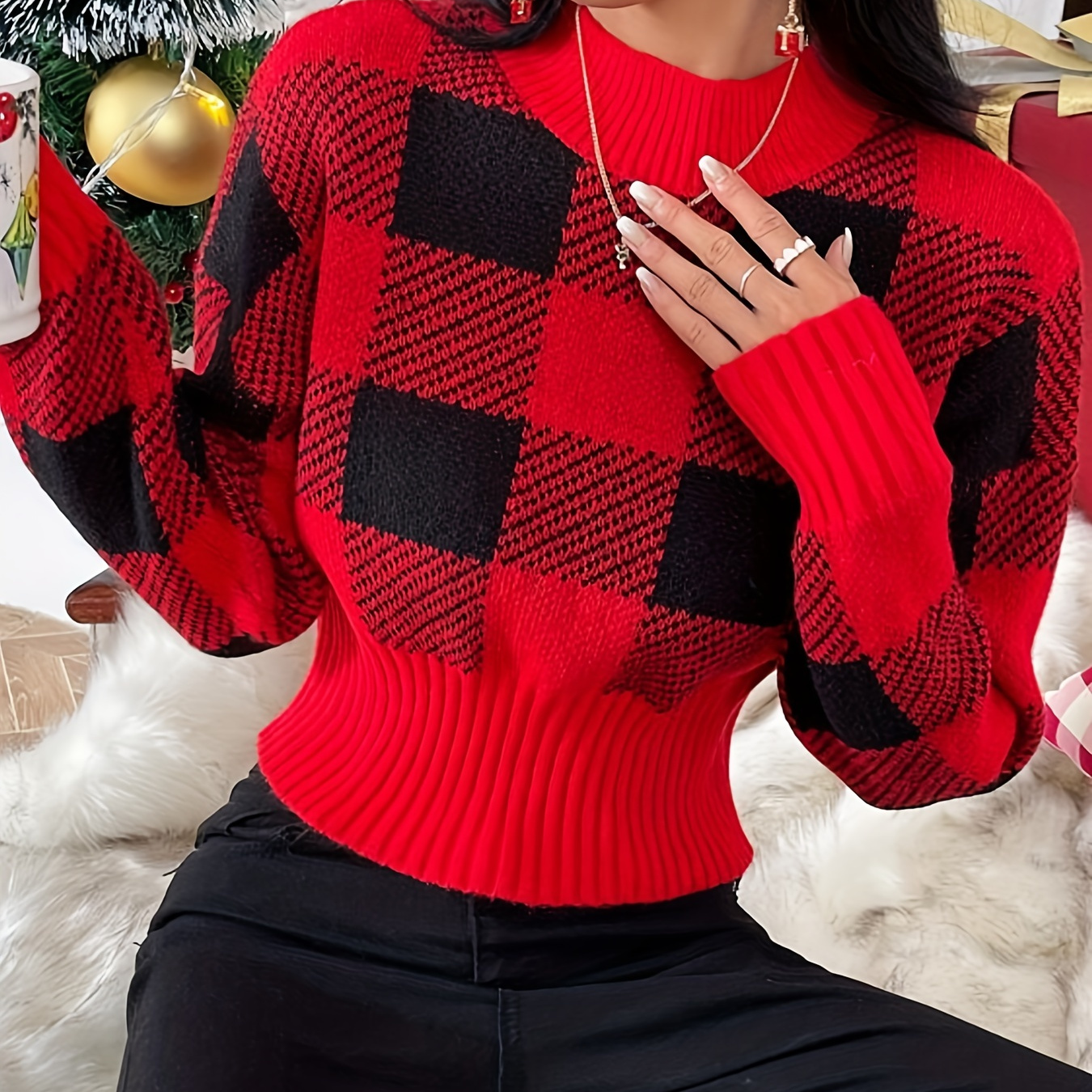 

Christmas Plaid Mock Neck Pullover Sweater, Casual Cinched Waist Long Sleeve Sweater, Women's Clothing